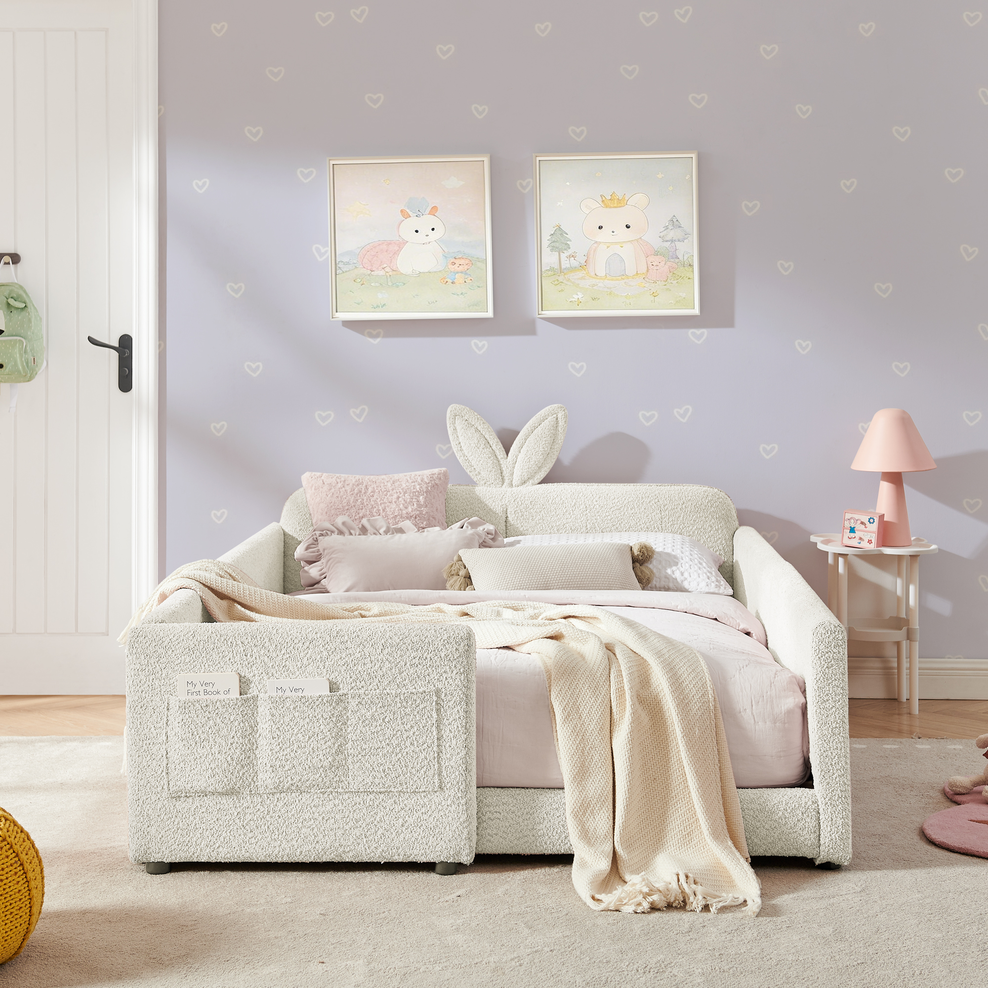 Full Size Upholstered Platform Bed with Cute Rabbit Ear Shaped Headboard, with Safety Rail and Pocket, Boucle Fabric, Beige - Image 1