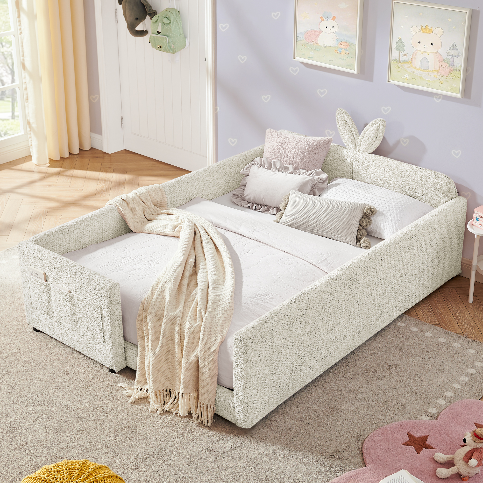 Full Size Upholstered Platform Bed with Cute Rabbit Ear Shaped Headboard, with Safety Rail and Pocket, Boucle Fabric, Beige - Image 2