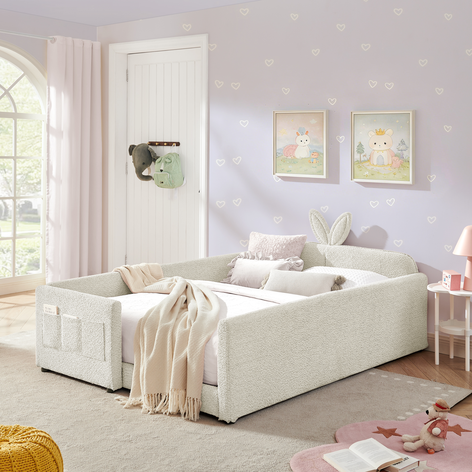 Full Size Upholstered Platform Bed with Cute Rabbit Ear Shaped Headboard, with Safety Rail and Pocket, Boucle Fabric, Beige - Image 3