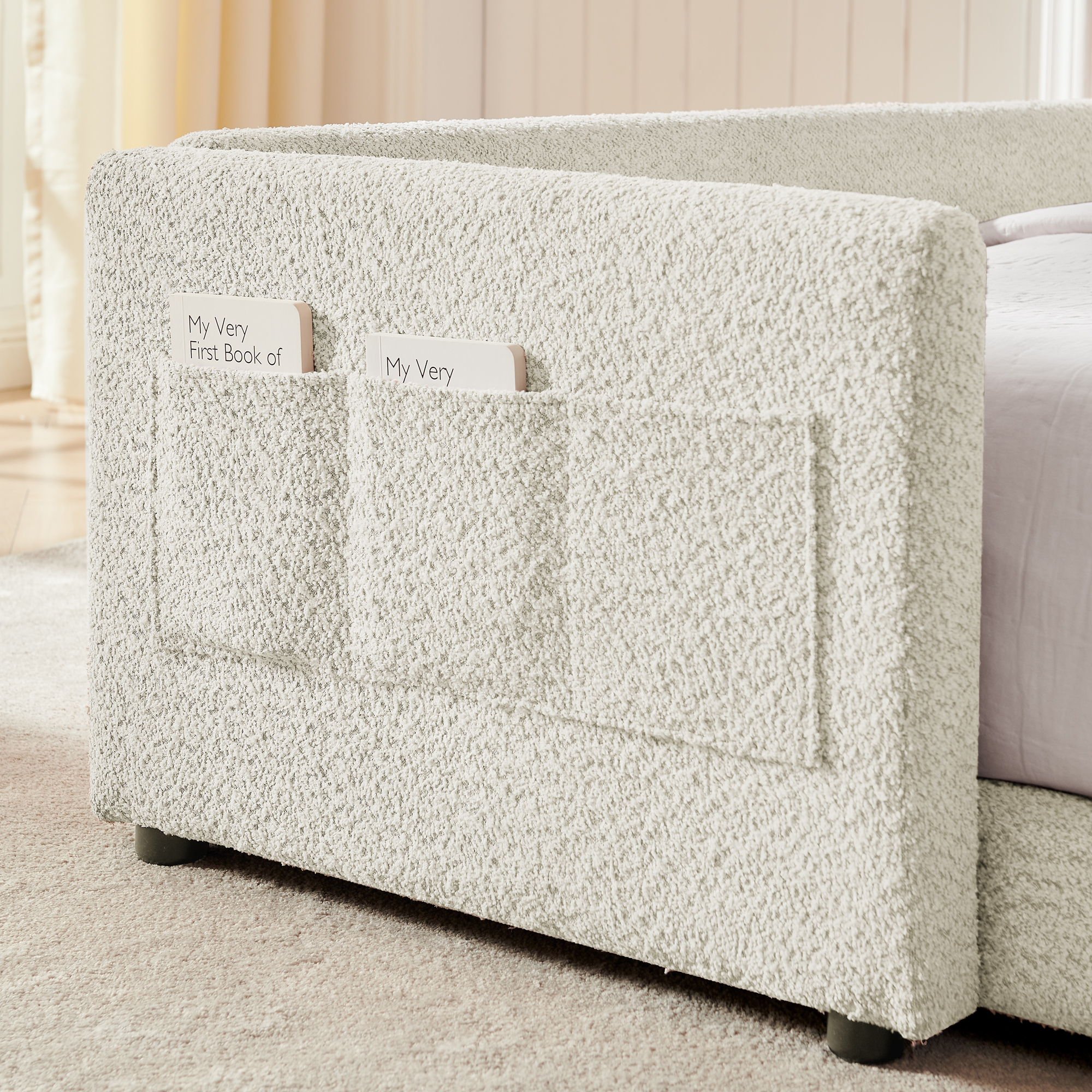 Full Size Upholstered Platform Bed with Cute Rabbit Ear Shaped Headboard, with Safety Rail and Pocket, Boucle Fabric, Beige - Image 4