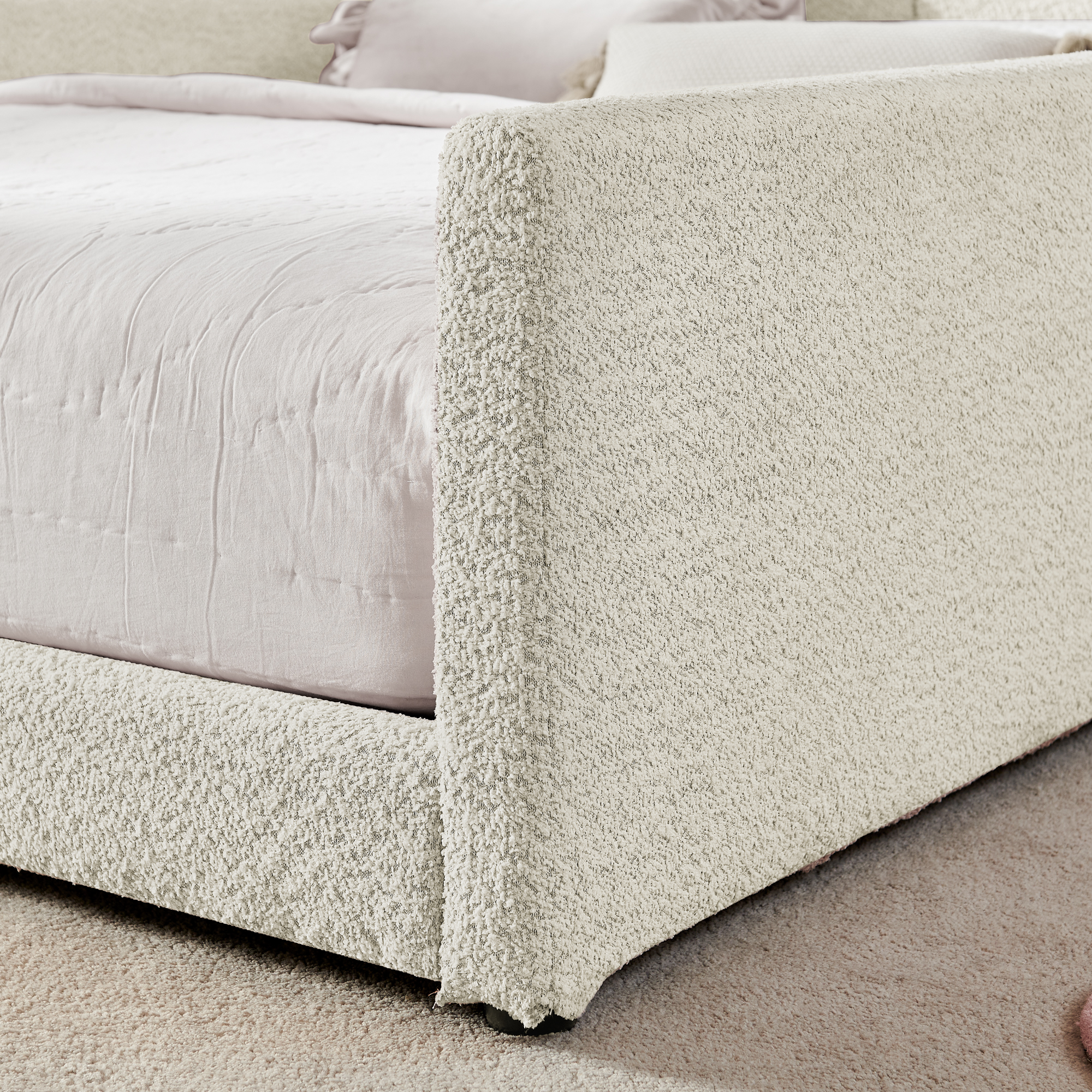 Full Size Upholstered Platform Bed with Cute Rabbit Ear Shaped Headboard, with Safety Rail and Pocket, Boucle Fabric, Beige - Image 5