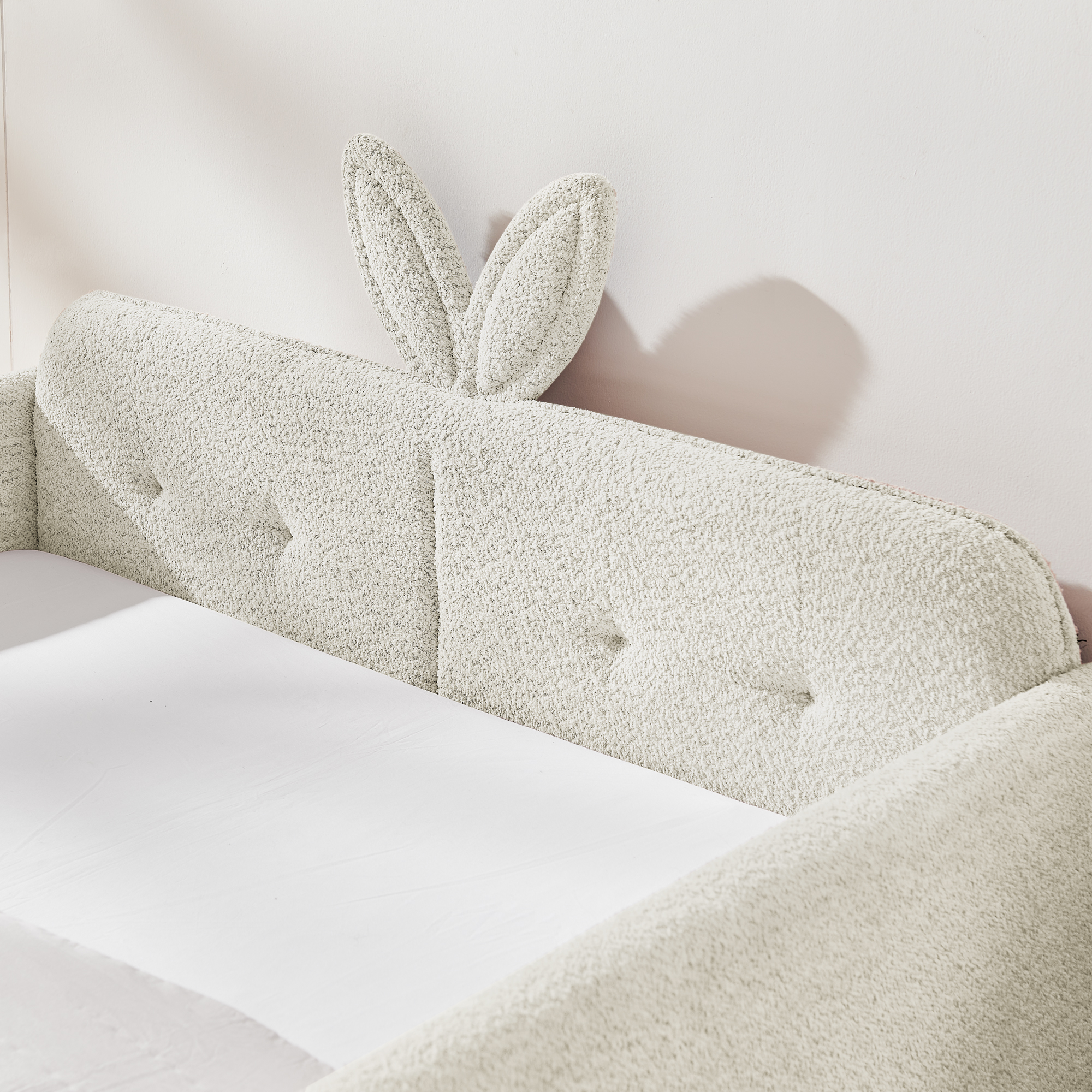 Full Size Upholstered Platform Bed with Cute Rabbit Ear Shaped Headboard, with Safety Rail and Pocket, Boucle Fabric, Beige - Image 6