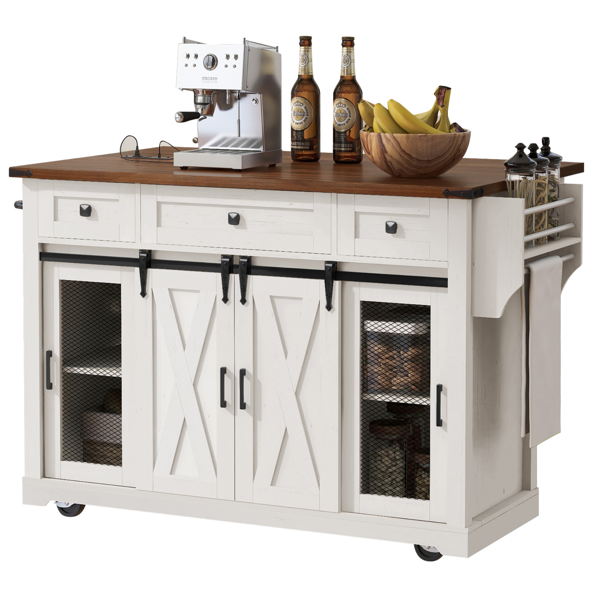 K&K 58" Farmhouse Kitchen Island with Storage, Sliding Barn Door & Metal Grid Side Door, Rolling Kitchen Island on 5 Wheels with Spice Rack, Glass Holders,Island Table with Drop Leaf for Kitchen,White - Image 2