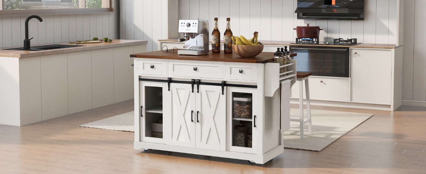 K&K 58" Farmhouse Kitchen Island with Storage, Sliding Barn Door & Metal Grid Side Door, Rolling Kitchen Island on 5 Wheels with Spice Rack, Glass Holders,Island Table with Drop Leaf for Kitchen,White - Image 3