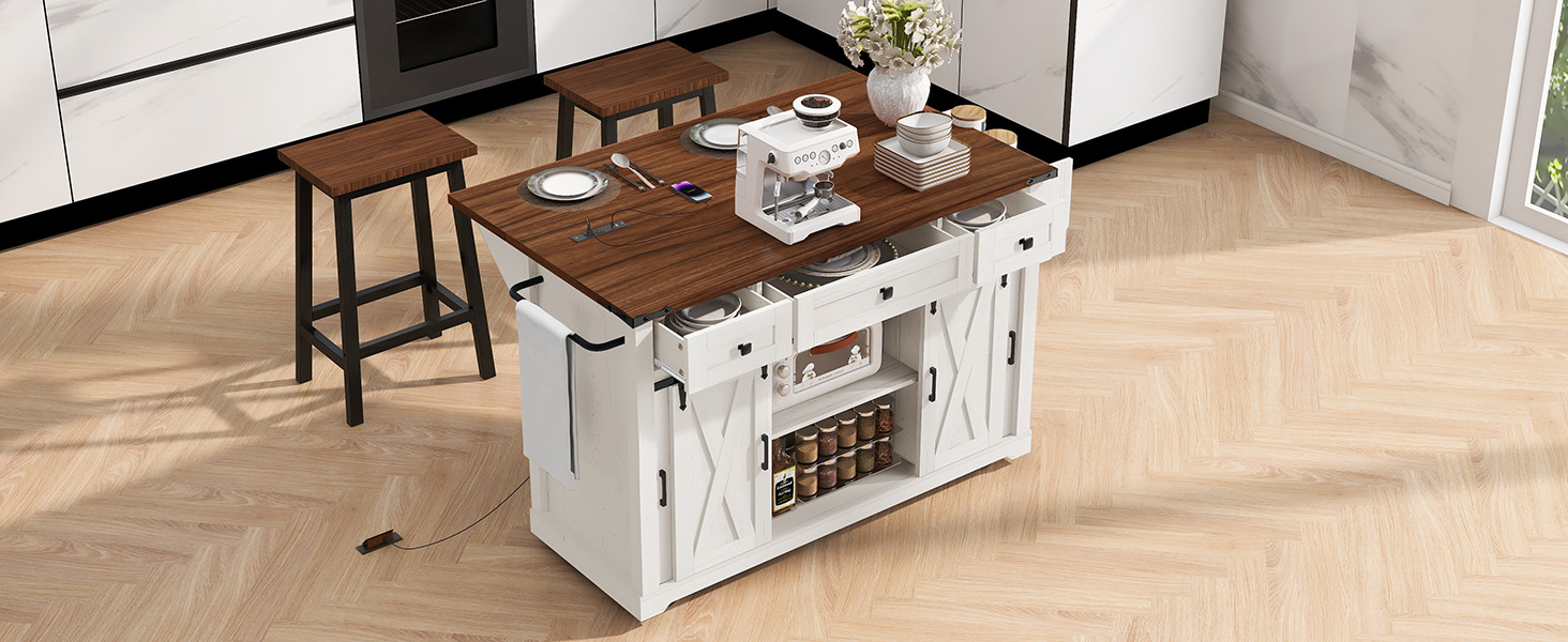 K&K 58" Farmhouse Kitchen Island with Storage, Sliding Barn Door & Metal Grid Side Door, Rolling Kitchen Island on 5 Wheels with Spice Rack, Glass Holders,Island Table with Drop Leaf for Kitchen,White - Image 4