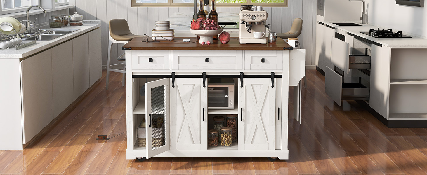 K&K 58" Farmhouse Kitchen Island with Storage, Sliding Barn Door & Metal Grid Side Door, Rolling Kitchen Island on 5 Wheels with Spice Rack, Glass Holders,Island Table with Drop Leaf for Kitchen,White - Image 5