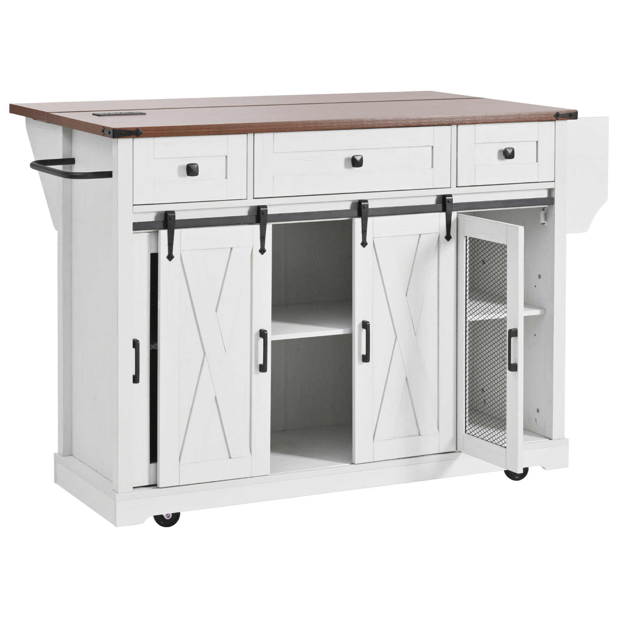 K&K 58" Farmhouse Kitchen Island with Storage, Sliding Barn Door & Metal Grid Side Door, Rolling Kitchen Island on 5 Wheels with Spice Rack, Glass Holders,Island Table with Drop Leaf for Kitchen,White - Image 6