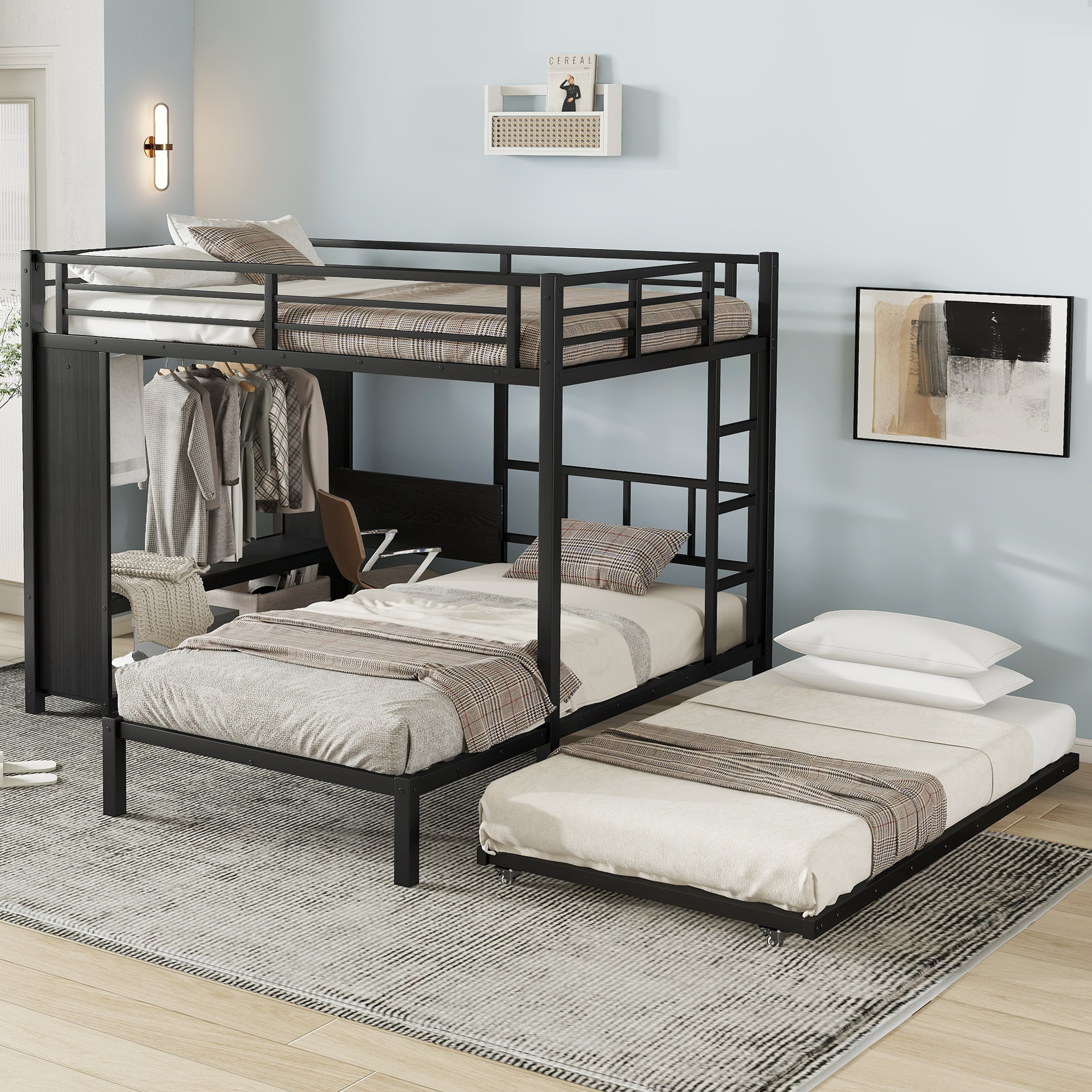Full over Twin XL (Full XL over Twin XL) Bunk Bed with Built-in Wardrobe, Metal Bunk Bed with Twin Trundle, Foldable Desk, Ladders, Noise-reduced design, Black - Image 2