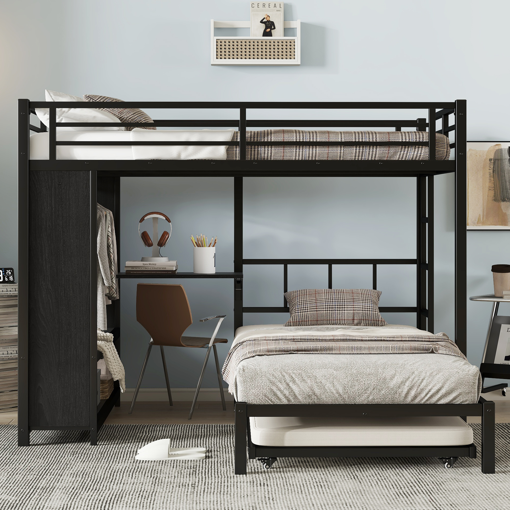Full over Twin XL (Full XL over Twin XL) Bunk Bed with Built-in Wardrobe, Metal Bunk Bed with Twin Trundle, Foldable Desk, Ladders, Noise-reduced design, Black - Image 3