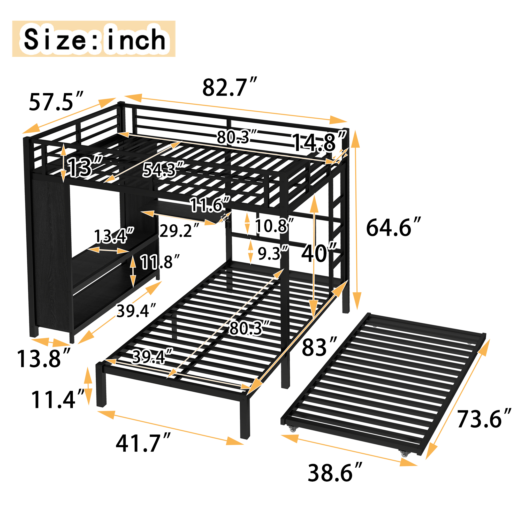 Full over Twin XL (Full XL over Twin XL) Bunk Bed with Built-in Wardrobe, Metal Bunk Bed with Twin Trundle, Foldable Desk, Ladders, Noise-reduced design, Black - Image 4