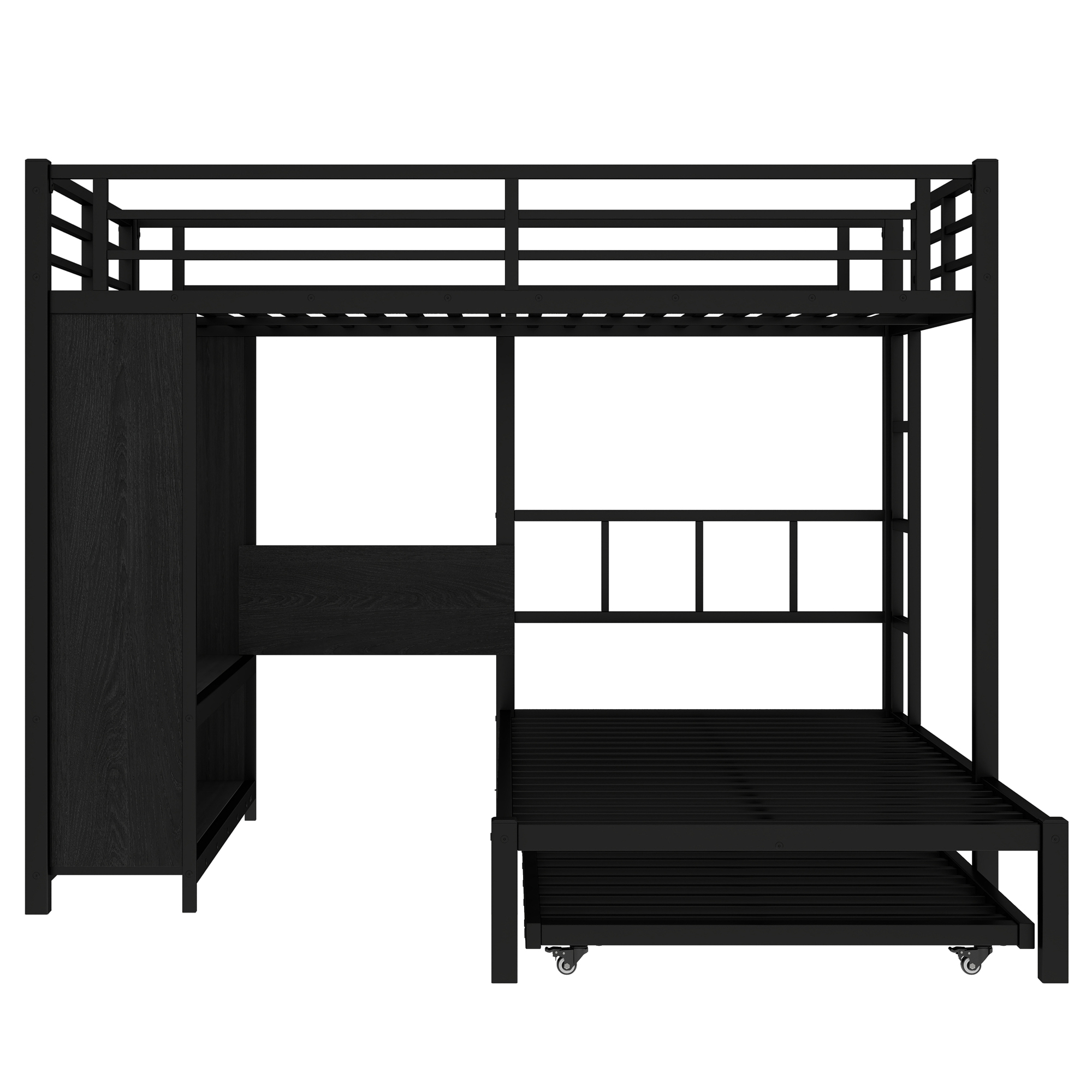 Full over Twin XL (Full XL over Twin XL) Bunk Bed with Built-in Wardrobe, Metal Bunk Bed with Twin Trundle, Foldable Desk, Ladders, Noise-reduced design, Black - Image 5