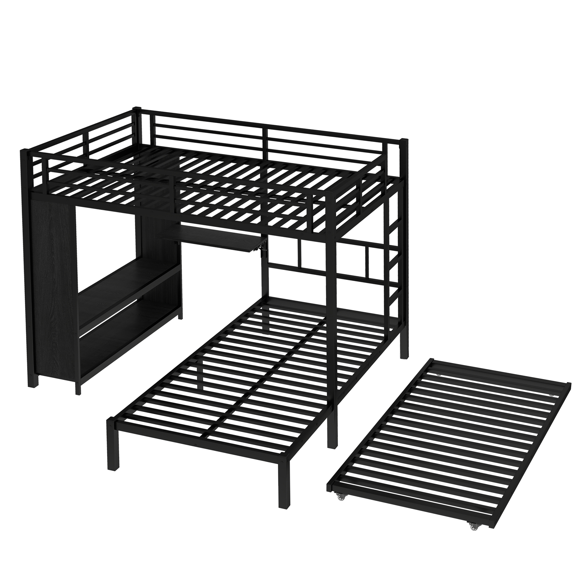 Full over Twin XL (Full XL over Twin XL) Bunk Bed with Built-in Wardrobe, Metal Bunk Bed with Twin Trundle, Foldable Desk, Ladders, Noise-reduced design, Black - Image 6