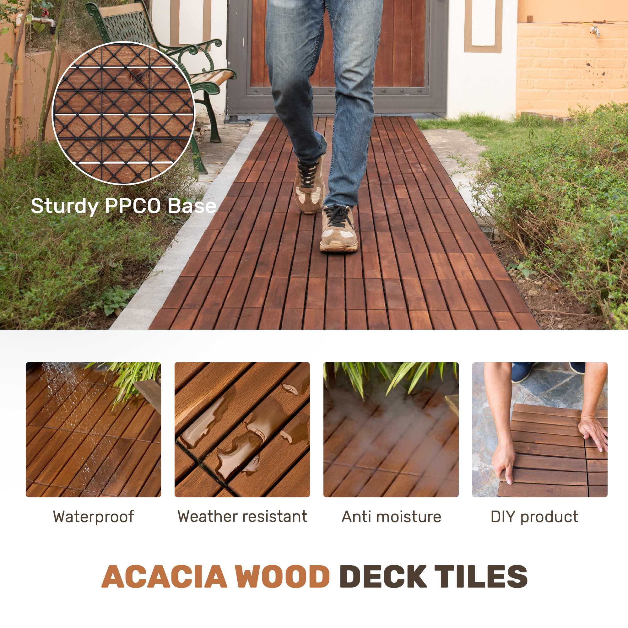 10 PCS Interlocking Deck Tiles Striped Pattern, 12" x 12" Square Acacia Hardwood Outdoor Flooring for Patio, Bancony, Pool Side,... - Image 2