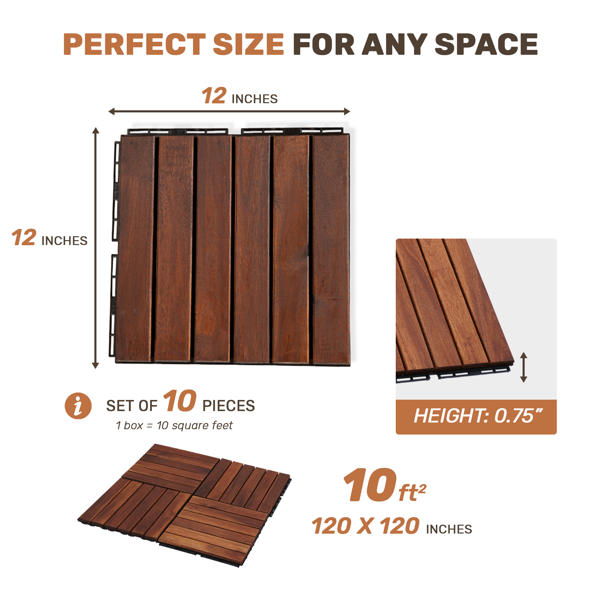 10 PCS Interlocking Deck Tiles Striped Pattern, 12" x 12" Square Acacia Hardwood Outdoor Flooring for Patio, Bancony, Pool Side,... - Image 3