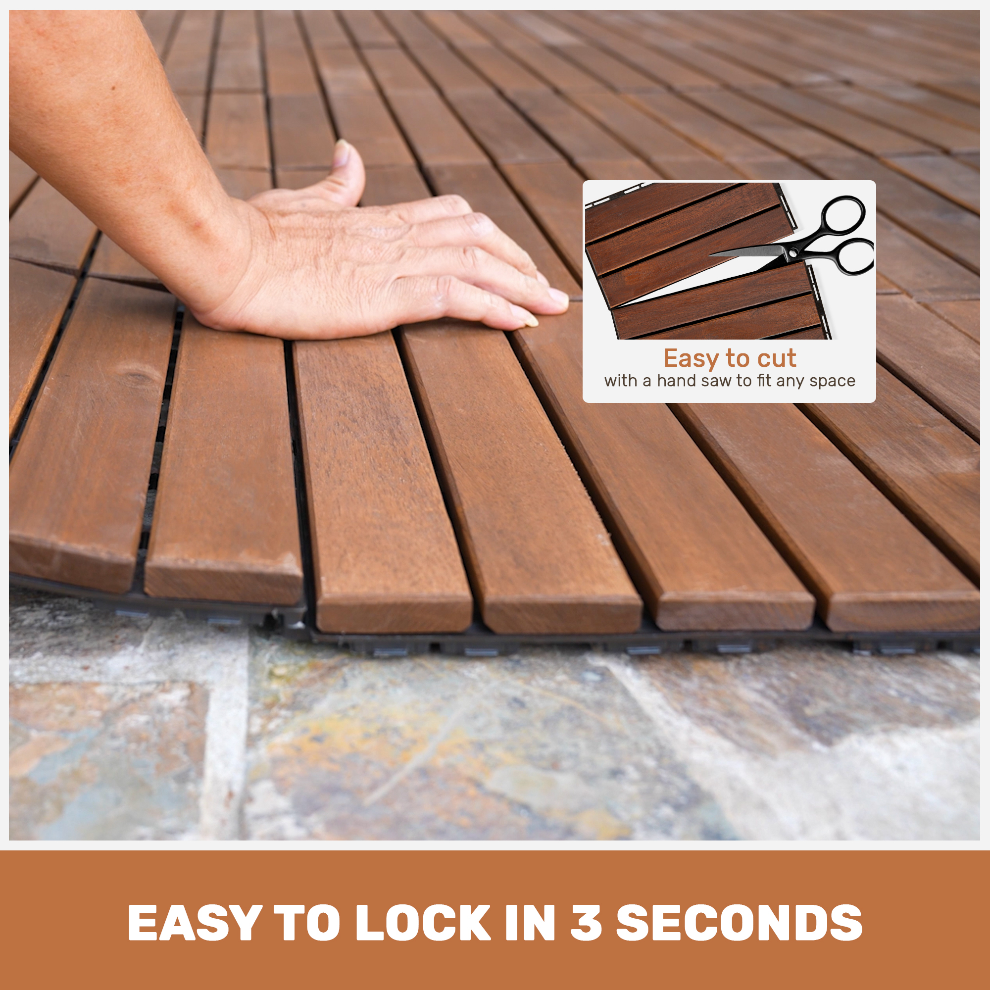 10 PCS Interlocking Deck Tiles Striped Pattern, 12" x 12" Square Acacia Hardwood Outdoor Flooring for Patio, Bancony, Pool Side,... - Image 6