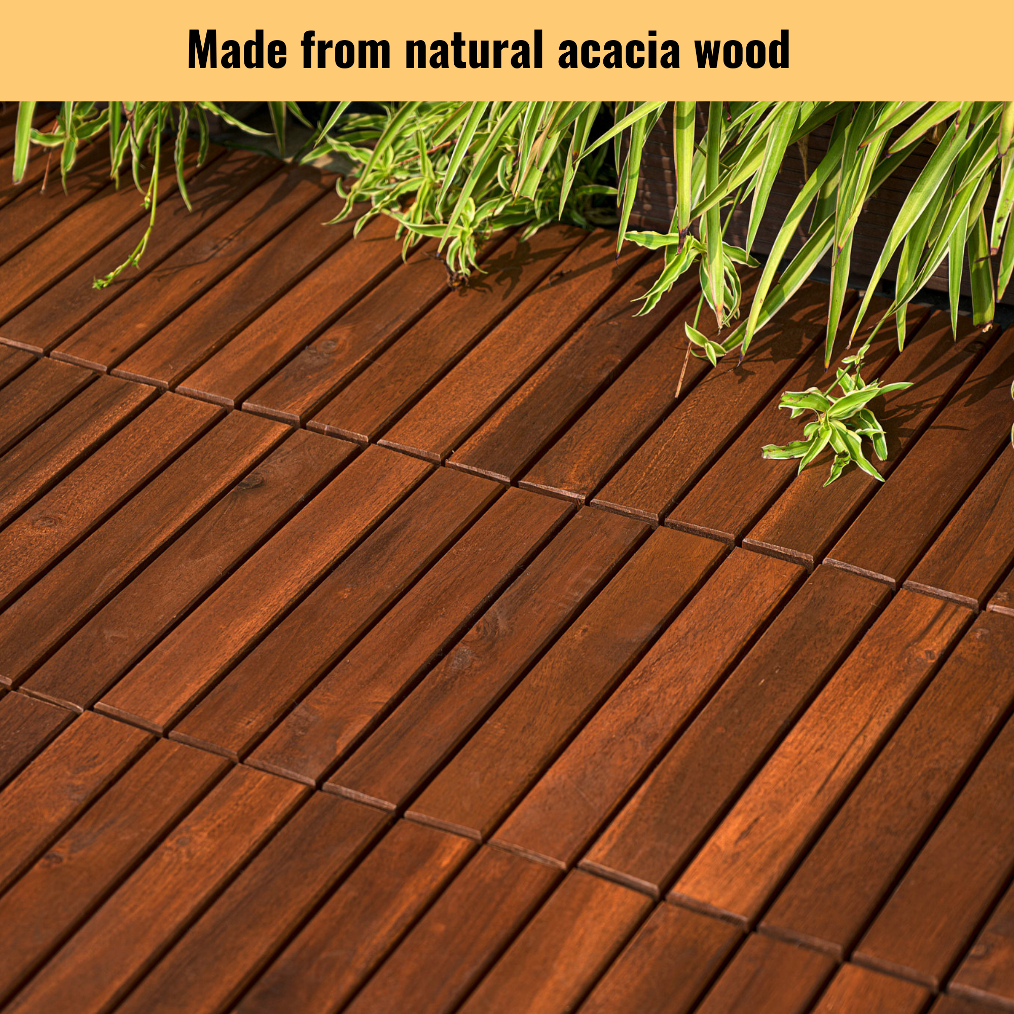 Acacia Wood Interlocking Deck Tiles Striped Pattern, 20 PCS 12" x 12" Square Acacia Hardwood Outdoor Flooring for Patio, Bancony, Pool Side,... - Image 2