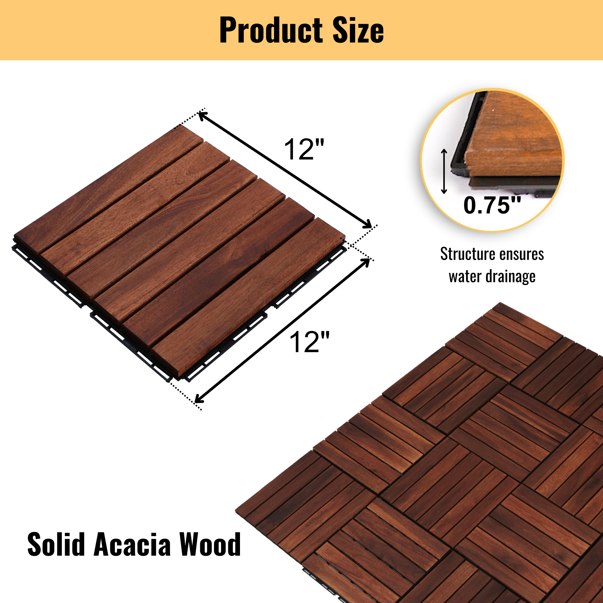 Acacia Wood Interlocking Deck Tiles Striped Pattern, 20 PCS 12" x 12" Square Acacia Hardwood Outdoor Flooring for Patio, Bancony, Pool Side,... - Image 3