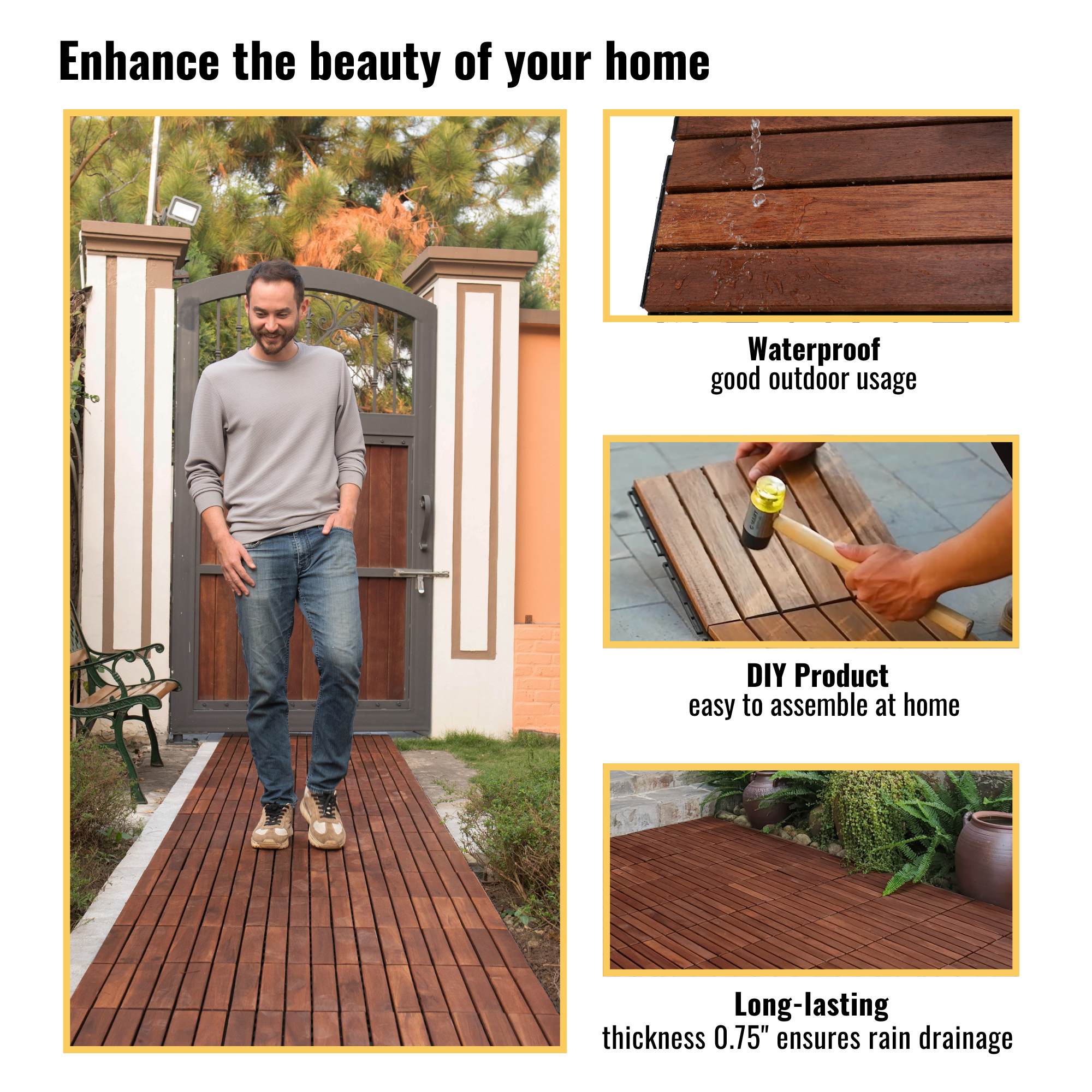 Acacia Wood Interlocking Deck Tiles Striped Pattern, 20 PCS 12" x 12" Square Acacia Hardwood Outdoor Flooring for Patio, Bancony, Pool Side,... - Image 4