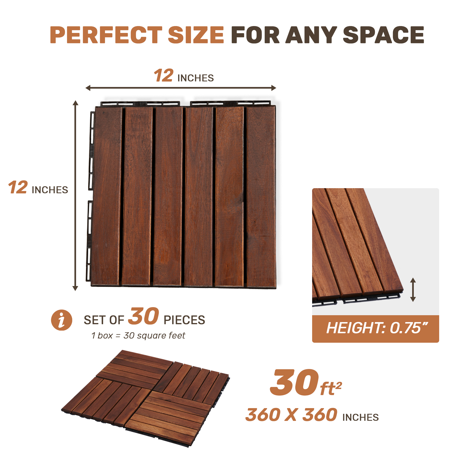 30 PCS Interlocking Deck Tiles Striped Pattern, 12" x 12" Square Acacia Hardwood Outdoor Flooring for Patio, Bancony, Pool Side,... - Image 2