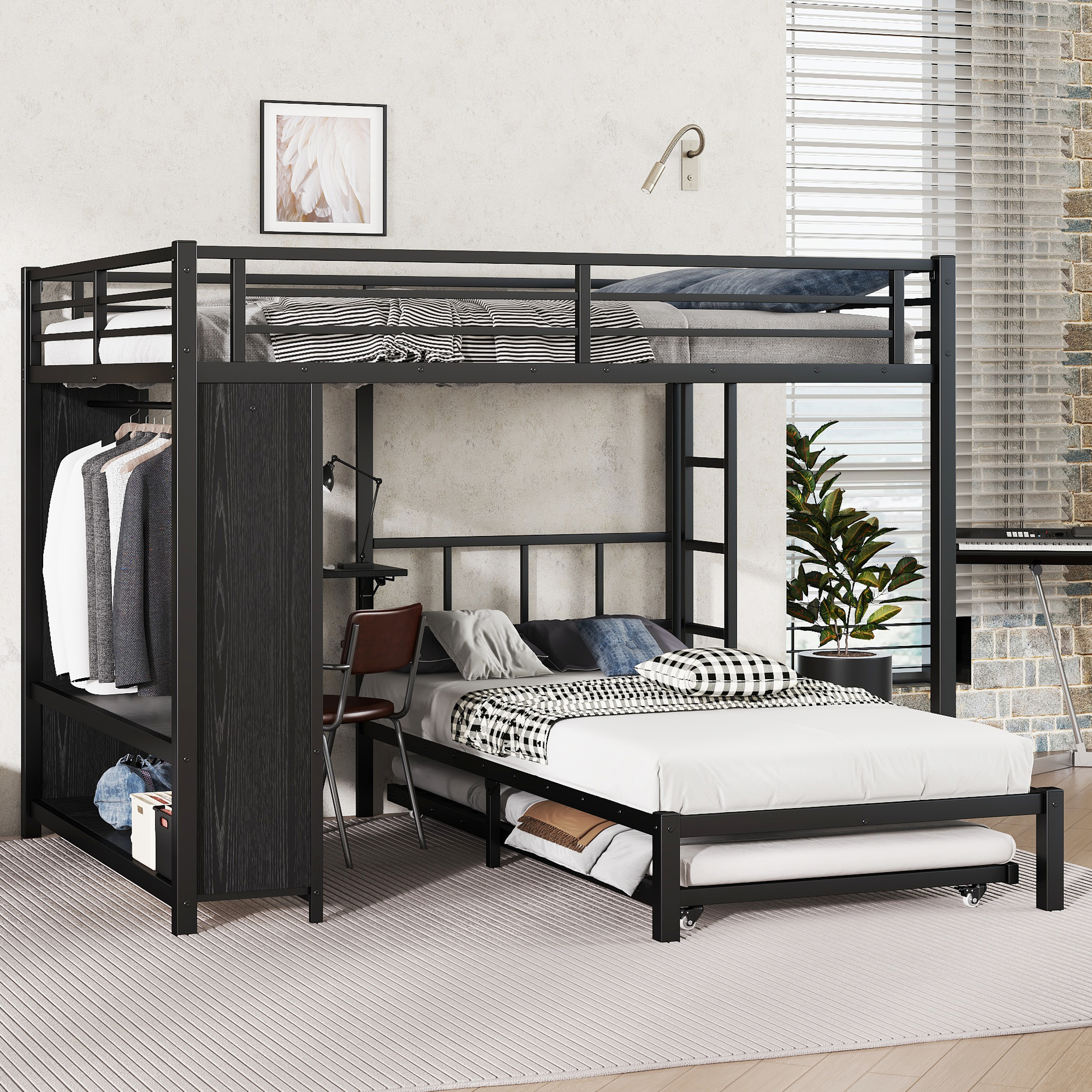 Queen over Twin XL Bunk Bed with Built-in Wardrobe, Metal Bunk Bed with Twin Trundle, Foldable Desk, Ladders, Noise-reduced design, Black - Image 1