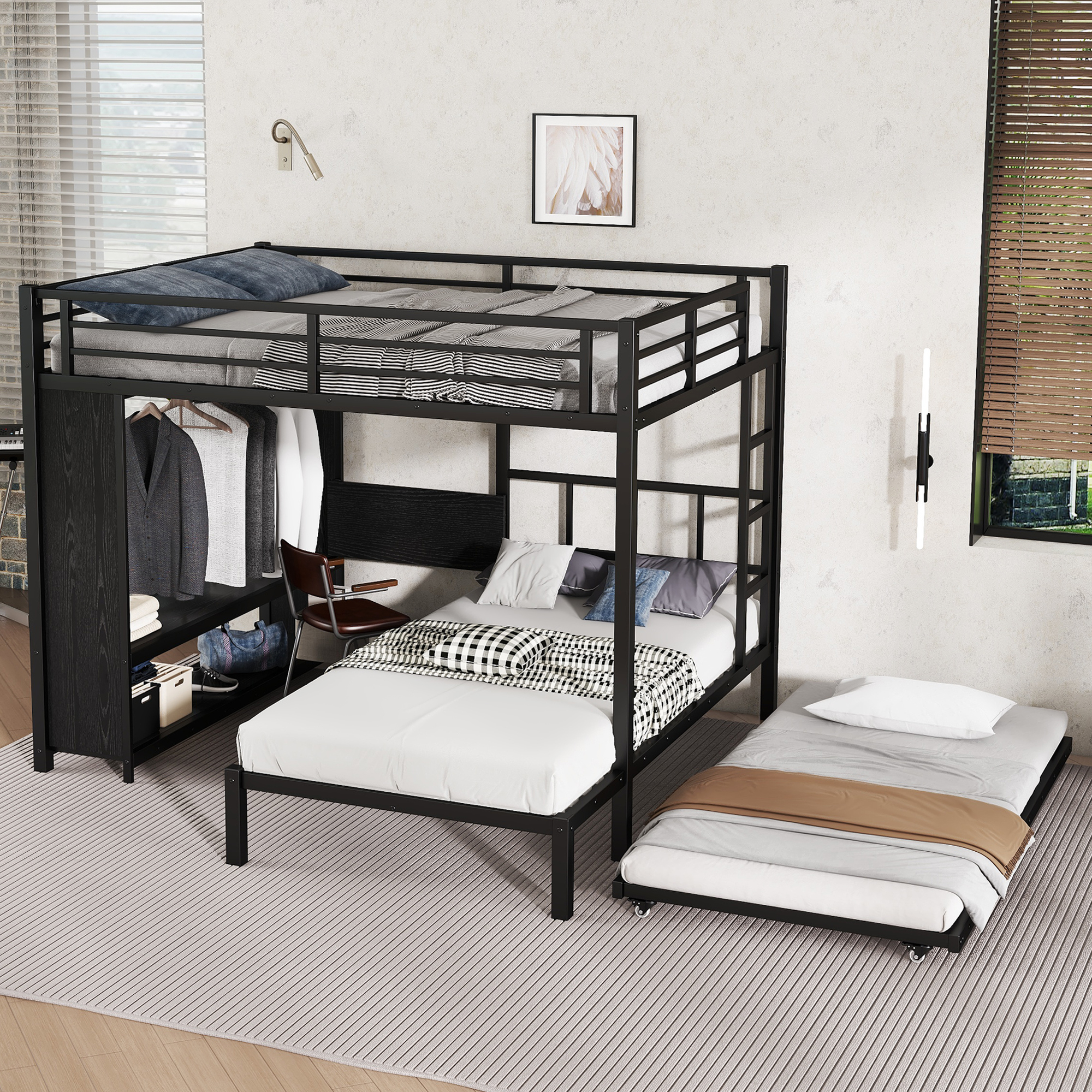 Queen over Twin XL Bunk Bed with Built-in Wardrobe, Metal Bunk Bed with Twin Trundle, Foldable Desk, Ladders, Noise-reduced design, Black - Image 2