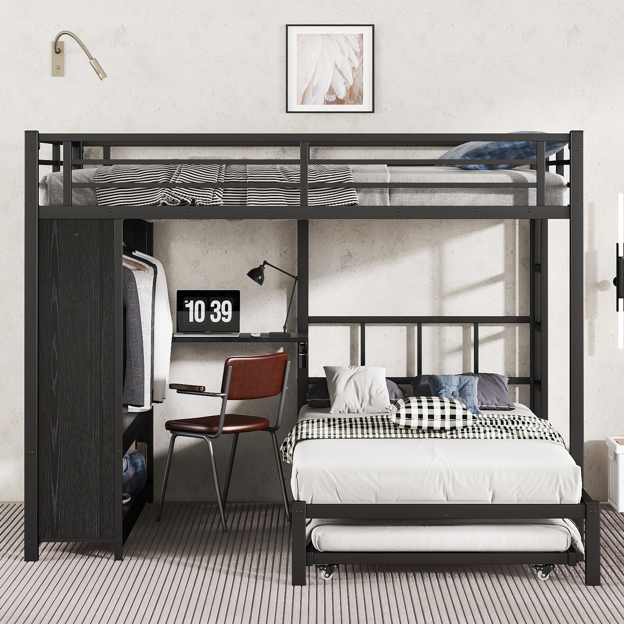 Queen over Twin XL Bunk Bed with Built-in Wardrobe, Metal Bunk Bed with Twin Trundle, Foldable Desk, Ladders, Noise-reduced design, Black - Image 3