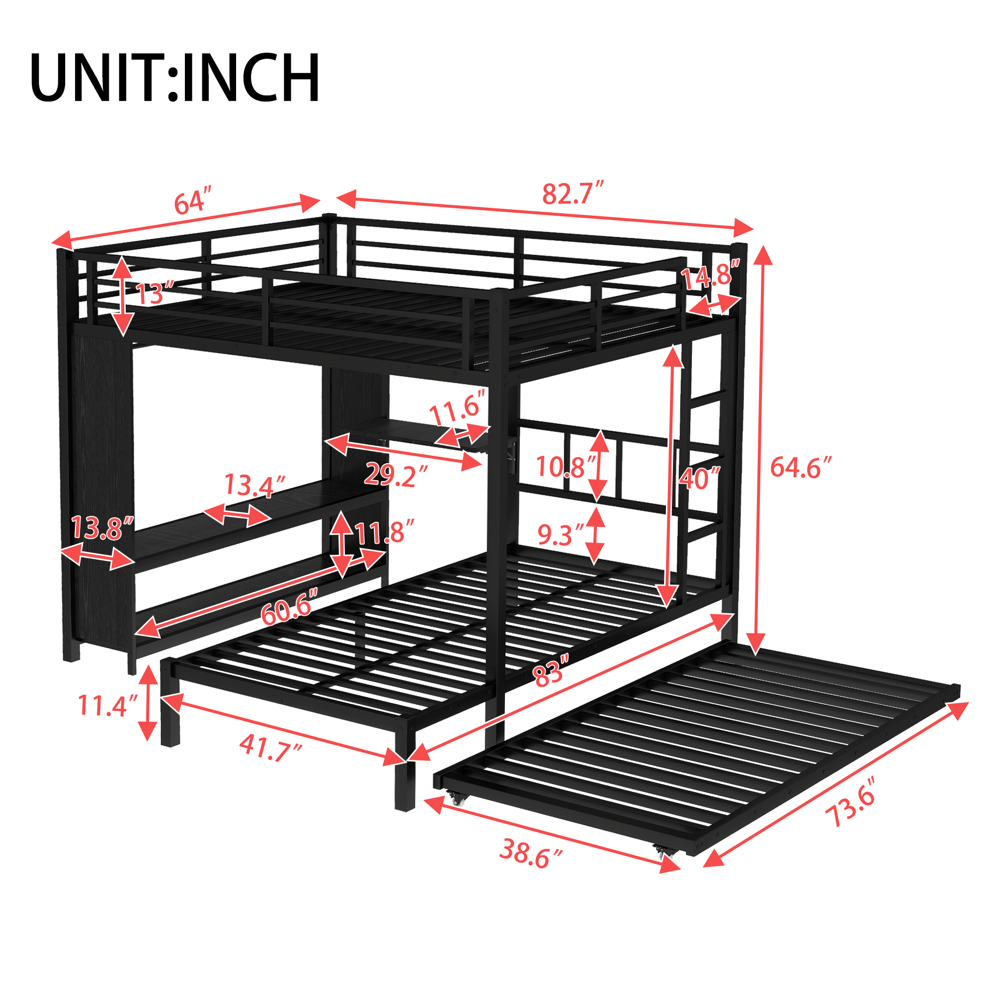 Queen over Twin XL Bunk Bed with Built-in Wardrobe, Metal Bunk Bed with Twin Trundle, Foldable Desk, Ladders, Noise-reduced design, Black - Image 4