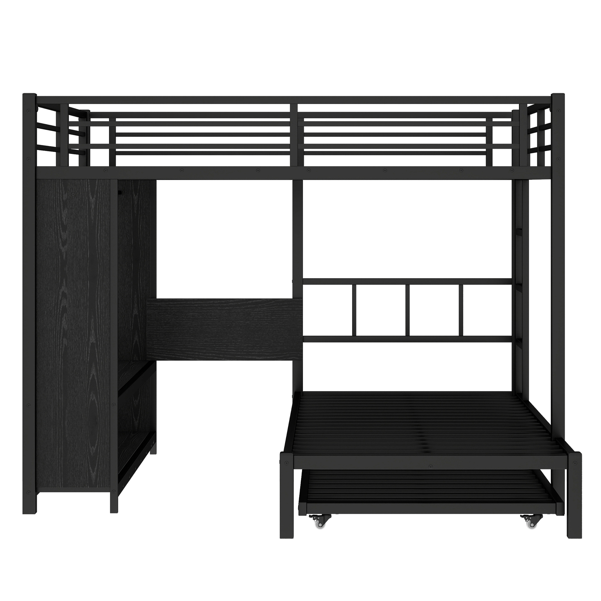 Queen over Twin XL Bunk Bed with Built-in Wardrobe, Metal Bunk Bed with Twin Trundle, Foldable Desk, Ladders, Noise-reduced design, Black - Image 5