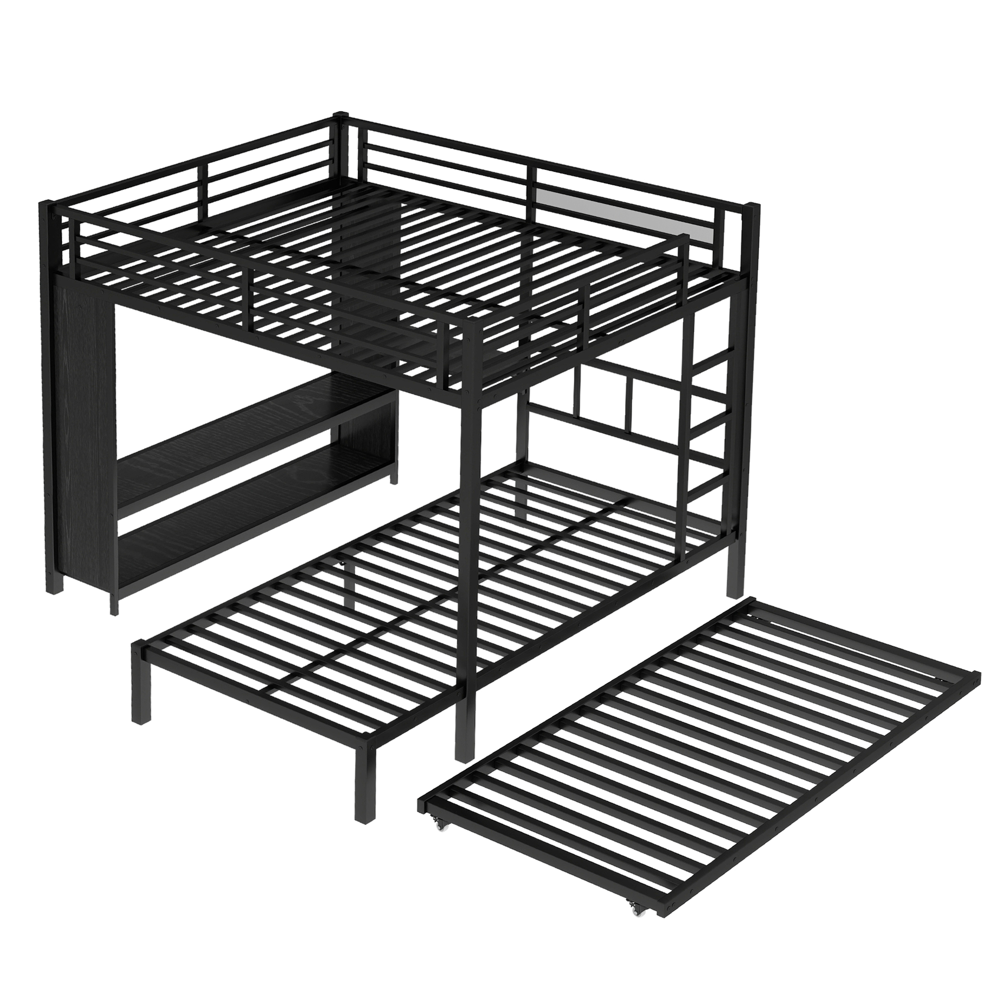 Queen over Twin XL Bunk Bed with Built-in Wardrobe, Metal Bunk Bed with Twin Trundle, Foldable Desk, Ladders, Noise-reduced design, Black - Image 6