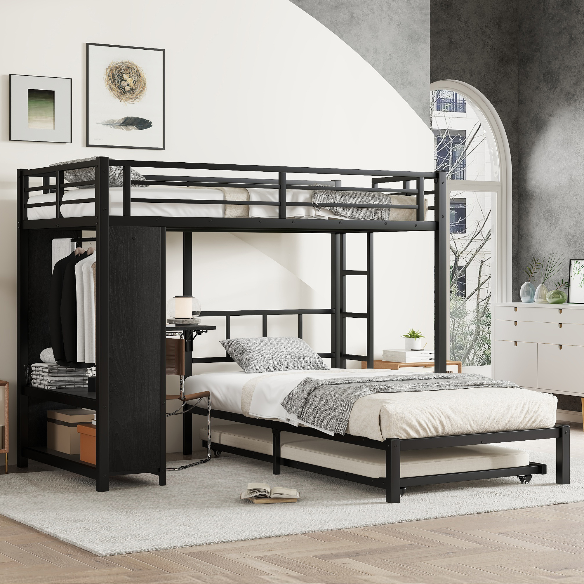 Twin over Twin XL (Twin XL over Twin XL) Bunk Bed with Built-in Wardrobe, Metal Bunk Bed with Twin Trundle, Foldable Desk, Ladders, Noise-reduced design, Black - Image 1