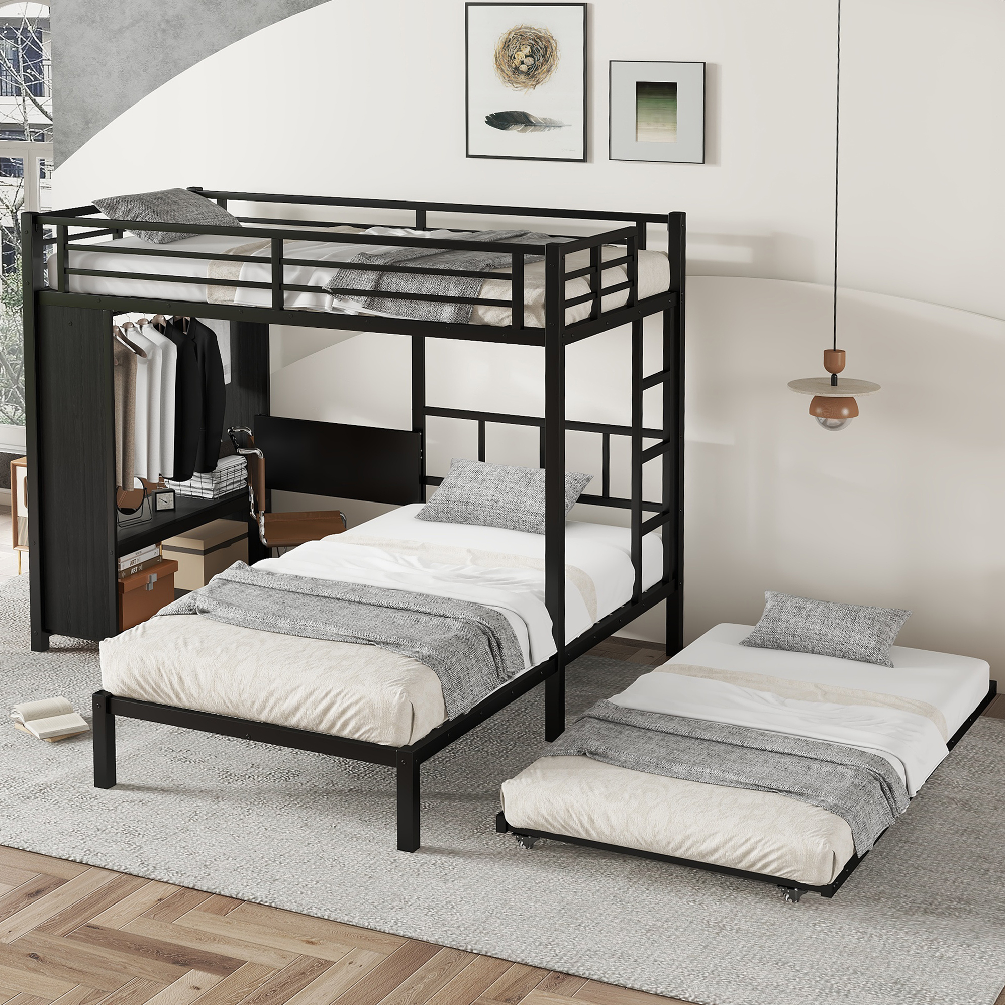 Twin over Twin XL (Twin XL over Twin XL) Bunk Bed with Built-in Wardrobe, Metal Bunk Bed with Twin Trundle, Foldable Desk, Ladders, Noise-reduced design, Black - Image 2