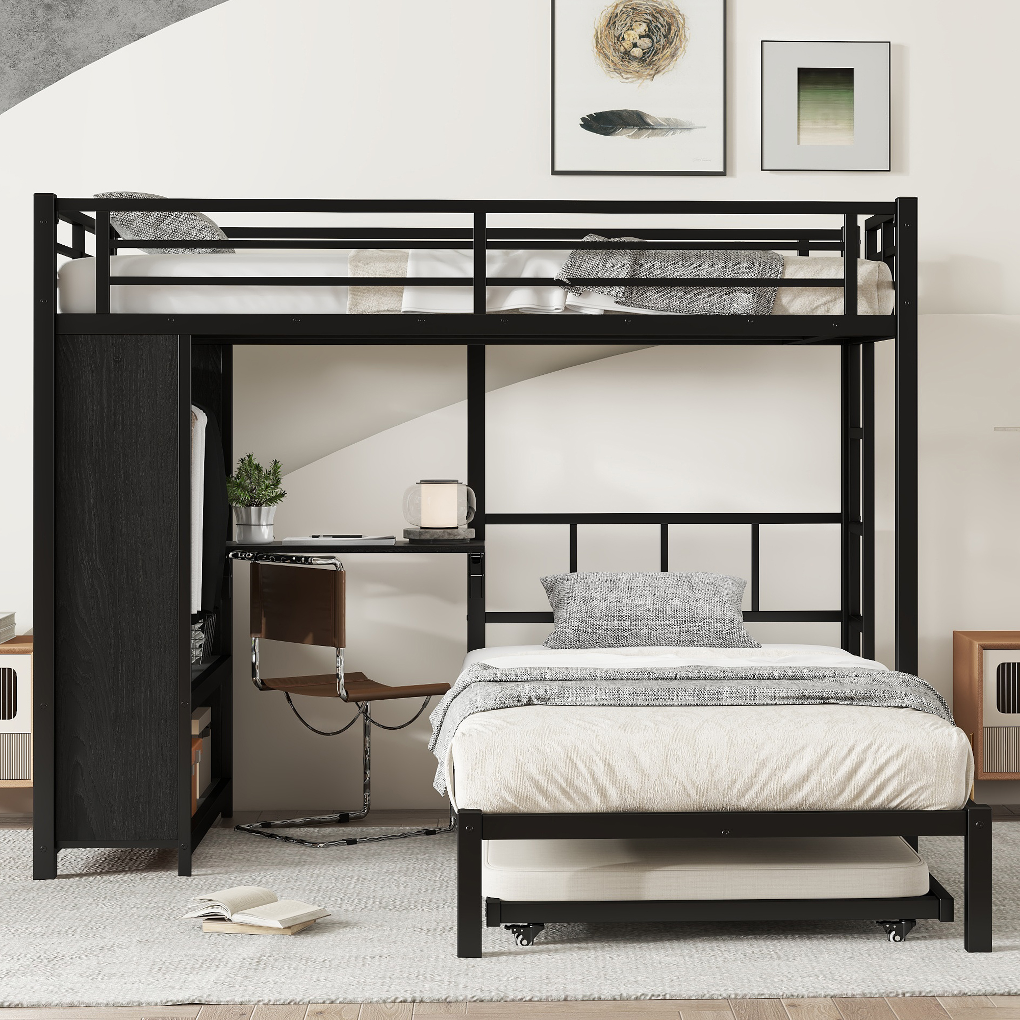 Twin over Twin XL (Twin XL over Twin XL) Bunk Bed with Built-in Wardrobe, Metal Bunk Bed with Twin Trundle, Foldable Desk, Ladders, Noise-reduced design, Black - Image 3