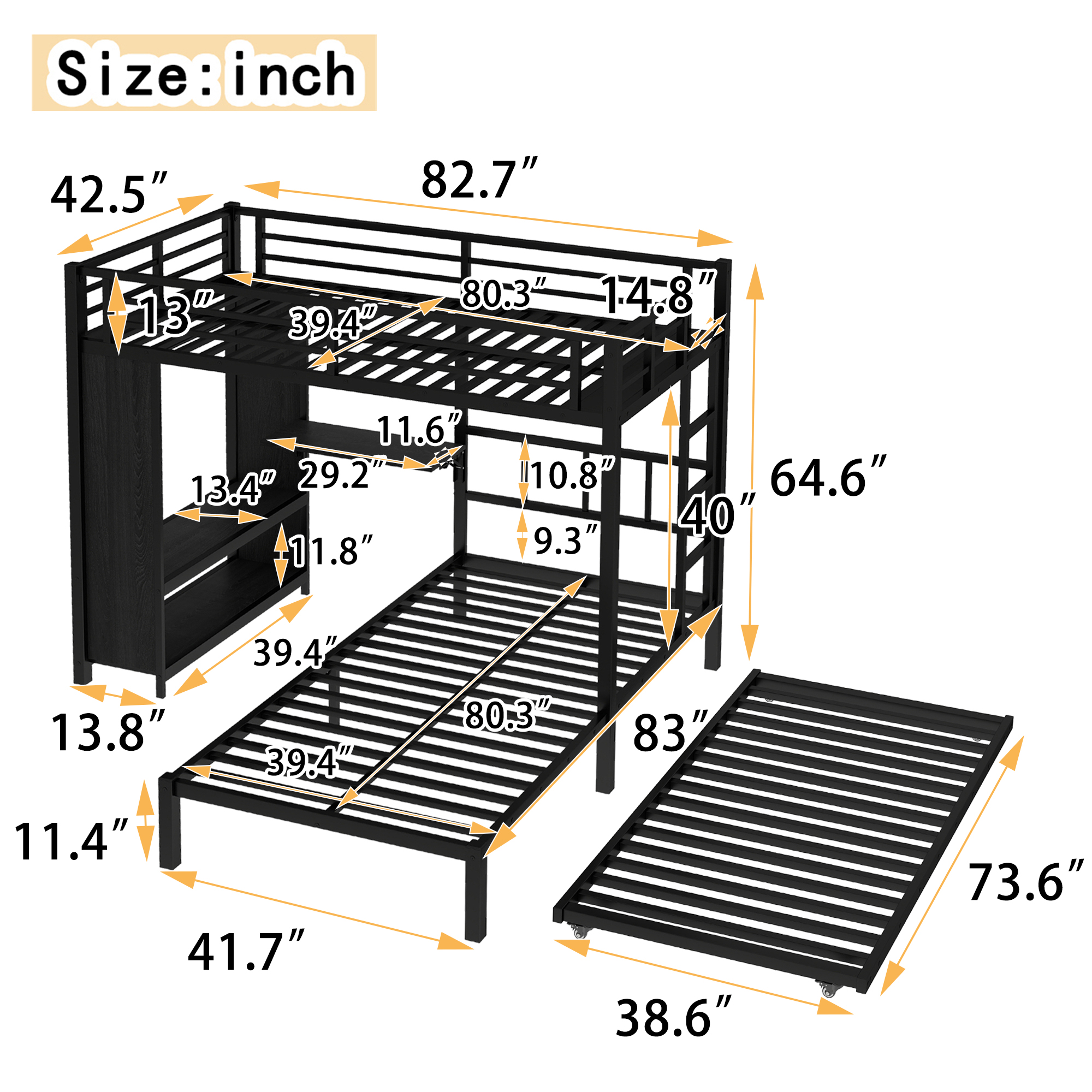 Twin over Twin XL (Twin XL over Twin XL) Bunk Bed with Built-in Wardrobe, Metal Bunk Bed with Twin Trundle, Foldable Desk, Ladders, Noise-reduced design, Black - Image 4