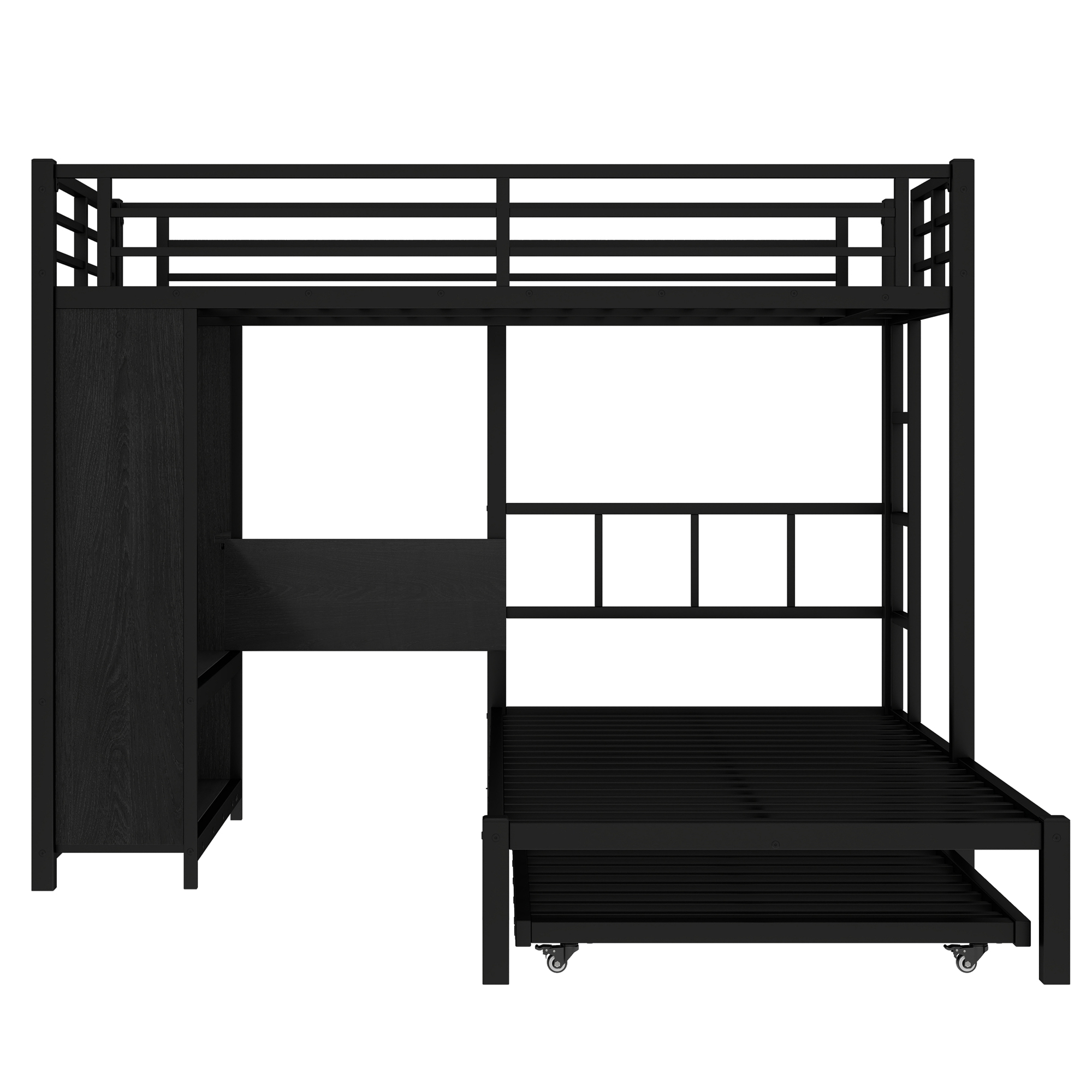 Twin over Twin XL (Twin XL over Twin XL) Bunk Bed with Built-in Wardrobe, Metal Bunk Bed with Twin Trundle, Foldable Desk, Ladders, Noise-reduced design, Black - Image 5