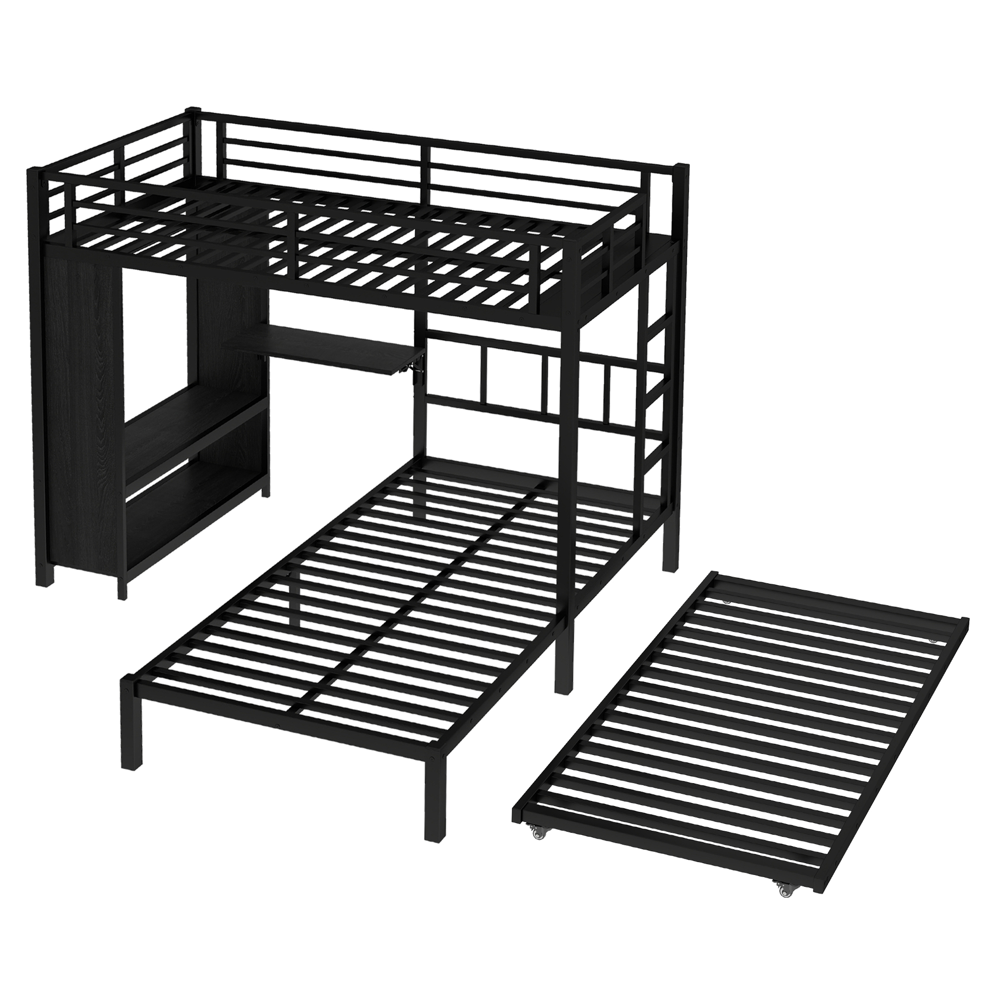 Twin over Twin XL (Twin XL over Twin XL) Bunk Bed with Built-in Wardrobe, Metal Bunk Bed with Twin Trundle, Foldable Desk, Ladders, Noise-reduced design, Black - Image 6