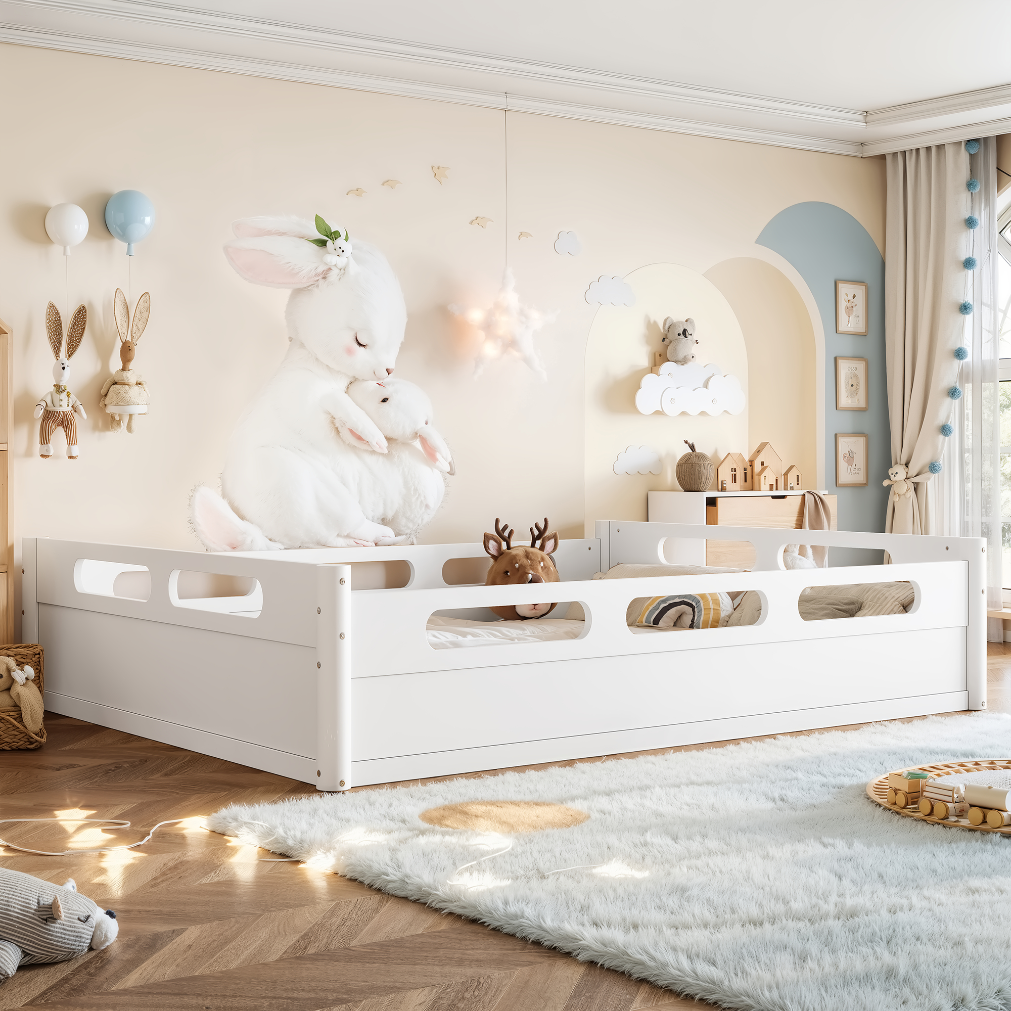 Queen Size Floor Platform Bed with Full-length Guardrails, Low Profile Queen Bed Frame, No Box Spring Needed, White - Image 3
