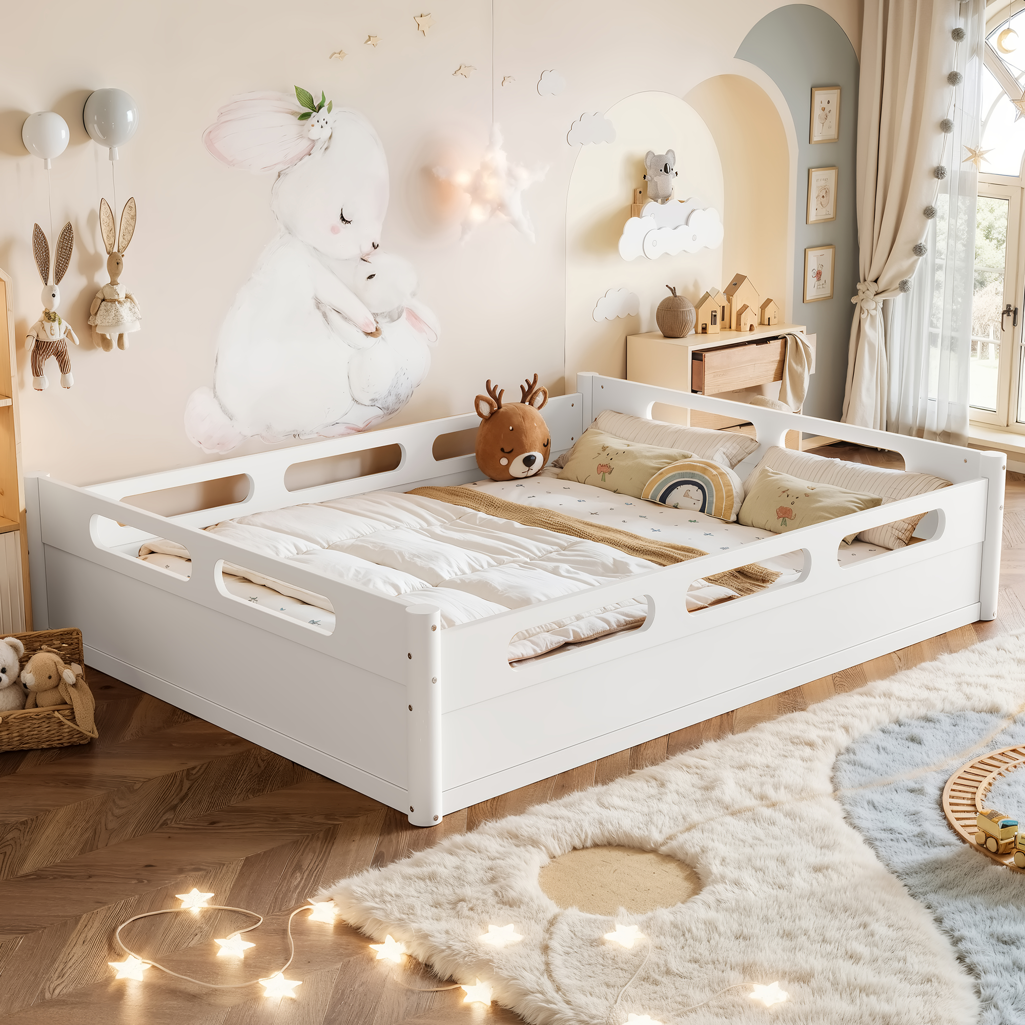 Queen Size Floor Platform Bed with Full-length Guardrails, Low Profile Queen Bed Frame, No Box Spring Needed, White - Image 4
