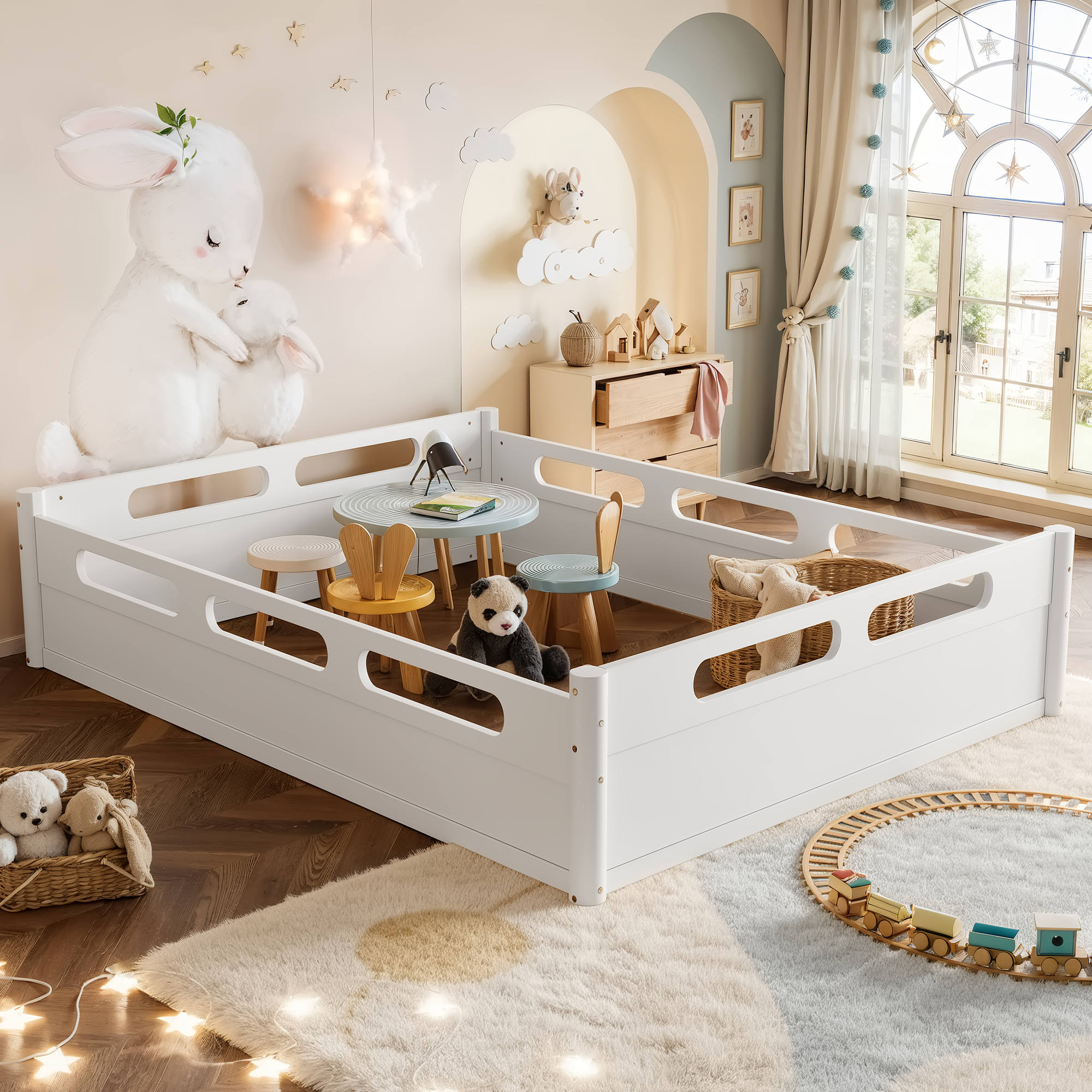 Queen Size Floor Platform Bed with Full-length Guardrails, Low Profile Queen Bed Frame, No Box Spring Needed, White - Image 6