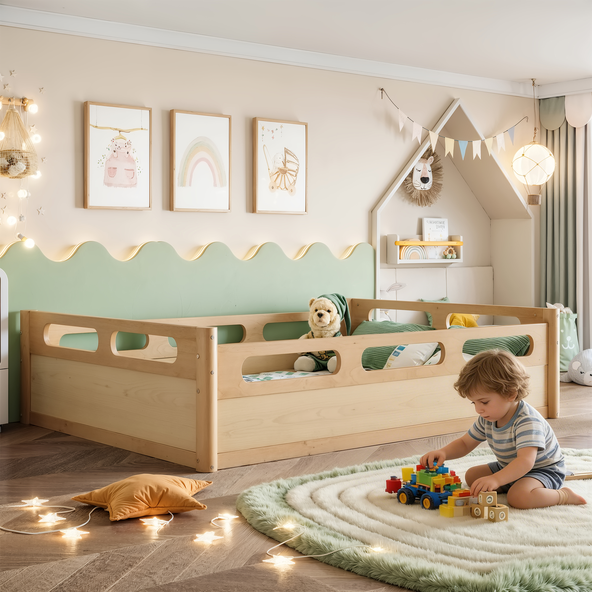 Full Size Floor Platform Bed with Full-length Guardrails, Low Profile Full Bed Frame, No Box Spring Needed, Natural - Image 2