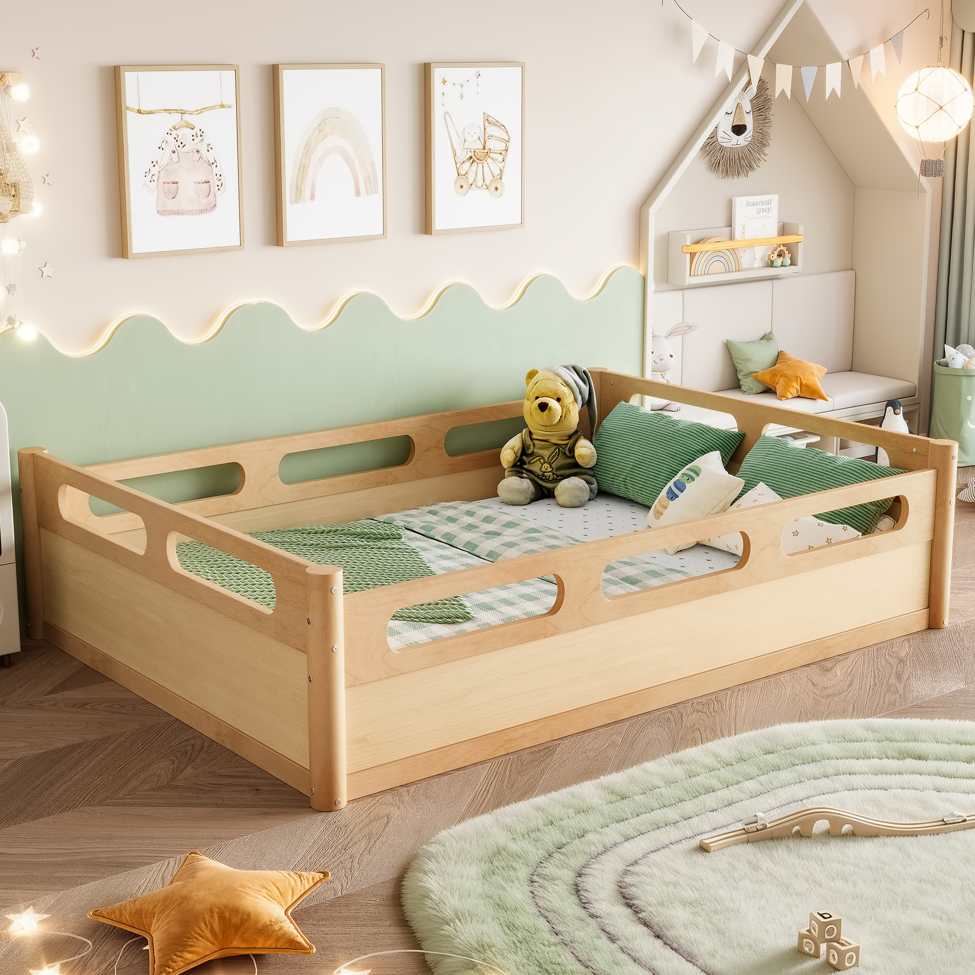 Full Size Floor Platform Bed with Full-length Guardrails, Low Profile Full Bed Frame, No Box Spring Needed, Natural - Image 3