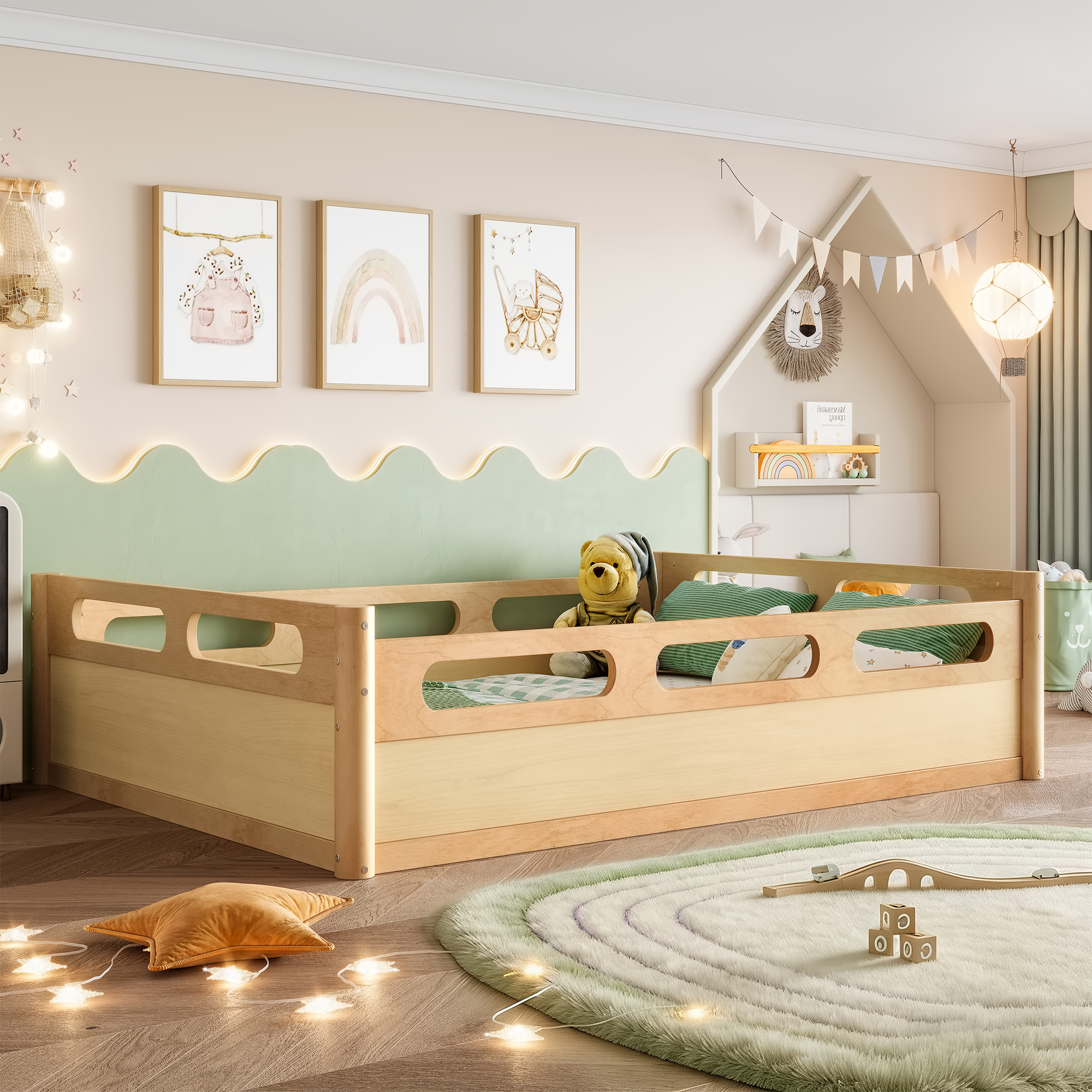 Full Size Floor Platform Bed with Full-length Guardrails, Low Profile Full Bed Frame, No Box Spring Needed, Natural - Image 4