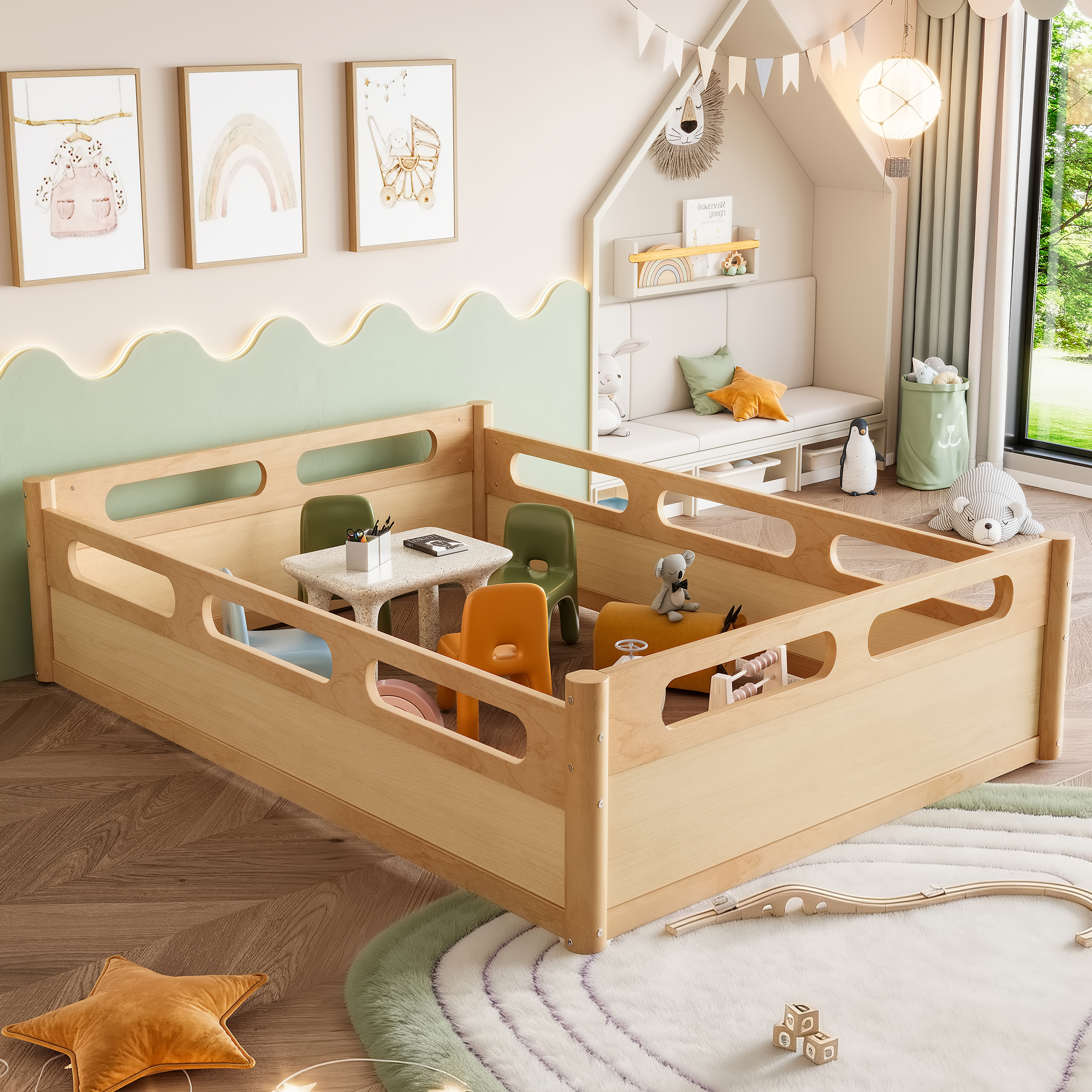 Full Size Floor Platform Bed with Full-length Guardrails, Low Profile Full Bed Frame, No Box Spring Needed, Natural - Image 5