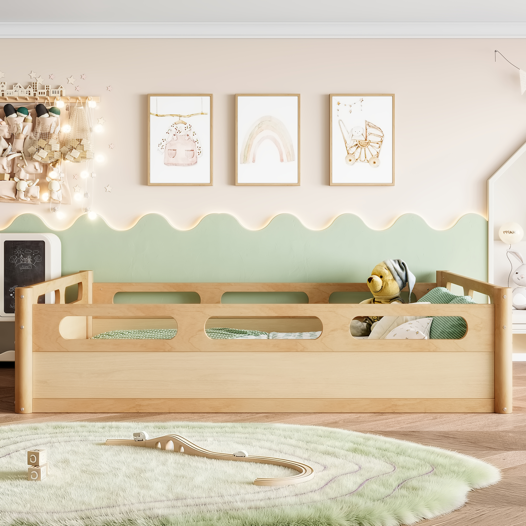 Full Size Floor Platform Bed with Full-length Guardrails, Low Profile Full Bed Frame, No Box Spring Needed, Natural - Image 6