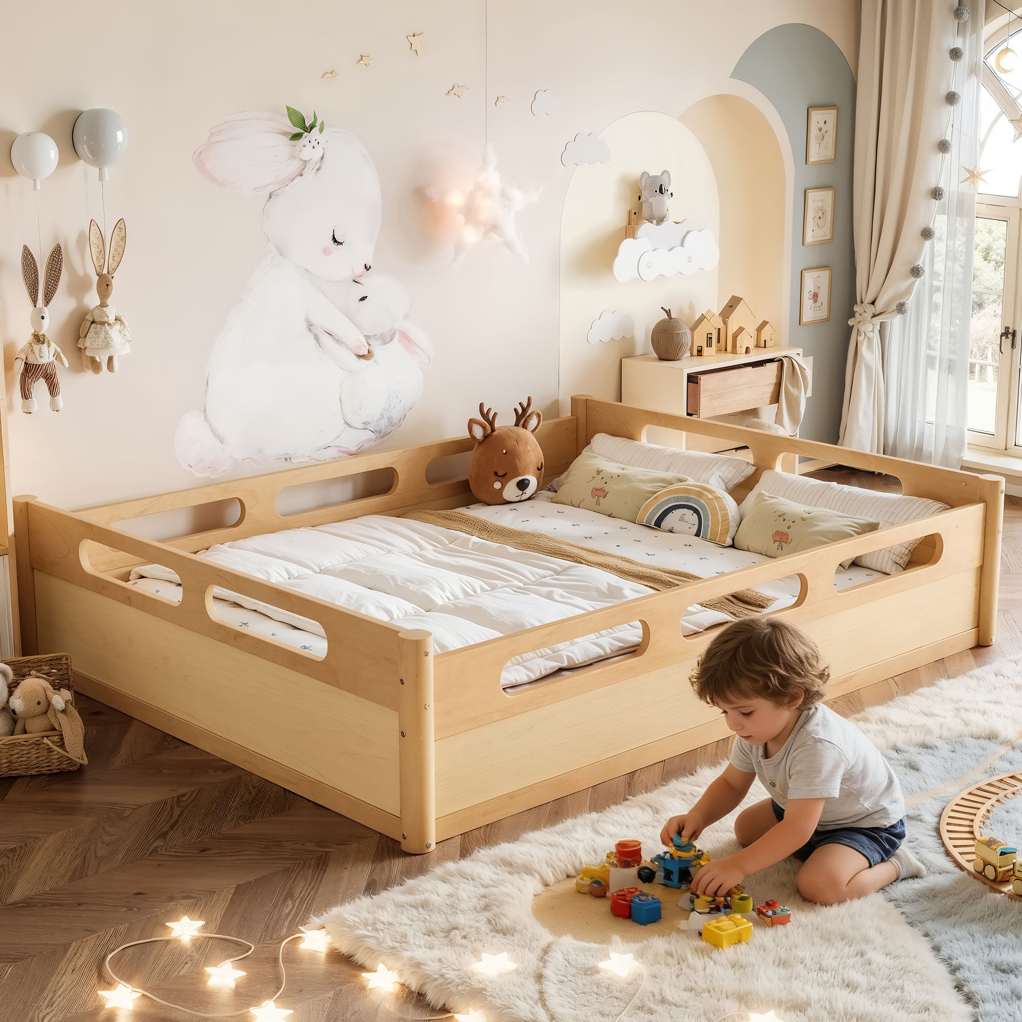 Queen Size Floor Platform Bed with Full-length Guardrails, Low Profile Queen Bed Frame, No Box Spring Needed, Natural - Image 1