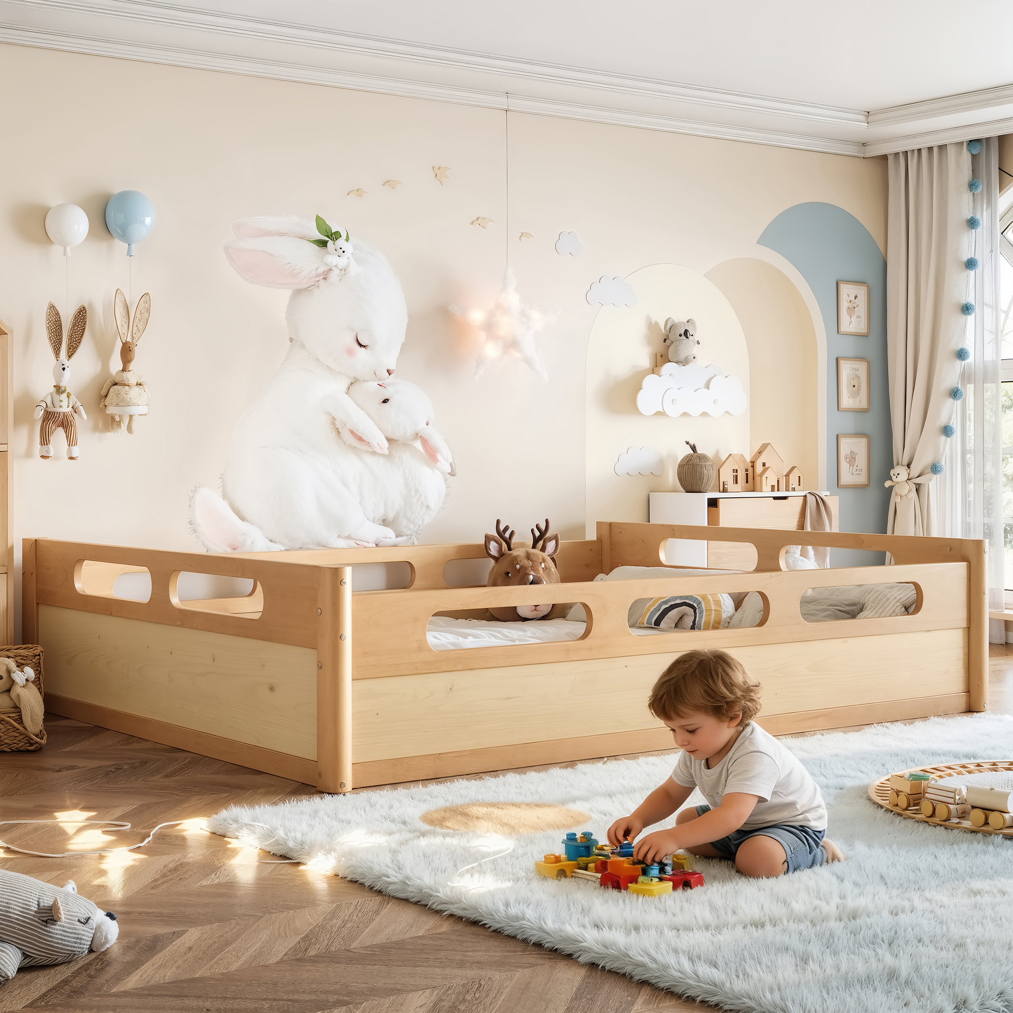 Queen Size Floor Platform Bed with Full-length Guardrails, Low Profile Queen Bed Frame, No Box Spring Needed, Natural - Image 2
