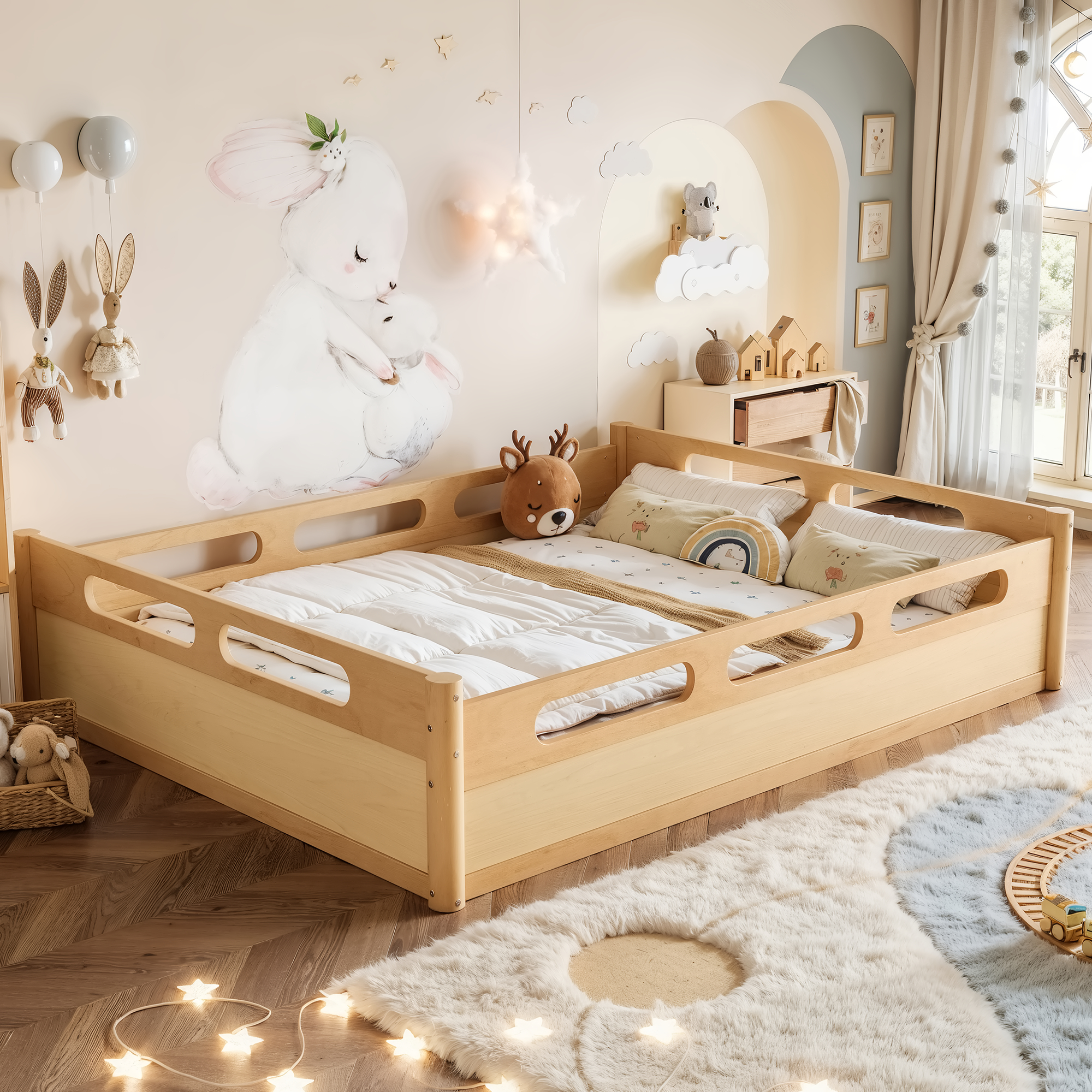 Queen Size Floor Platform Bed with Full-length Guardrails, Low Profile Queen Bed Frame, No Box Spring Needed, Natural - Image 3