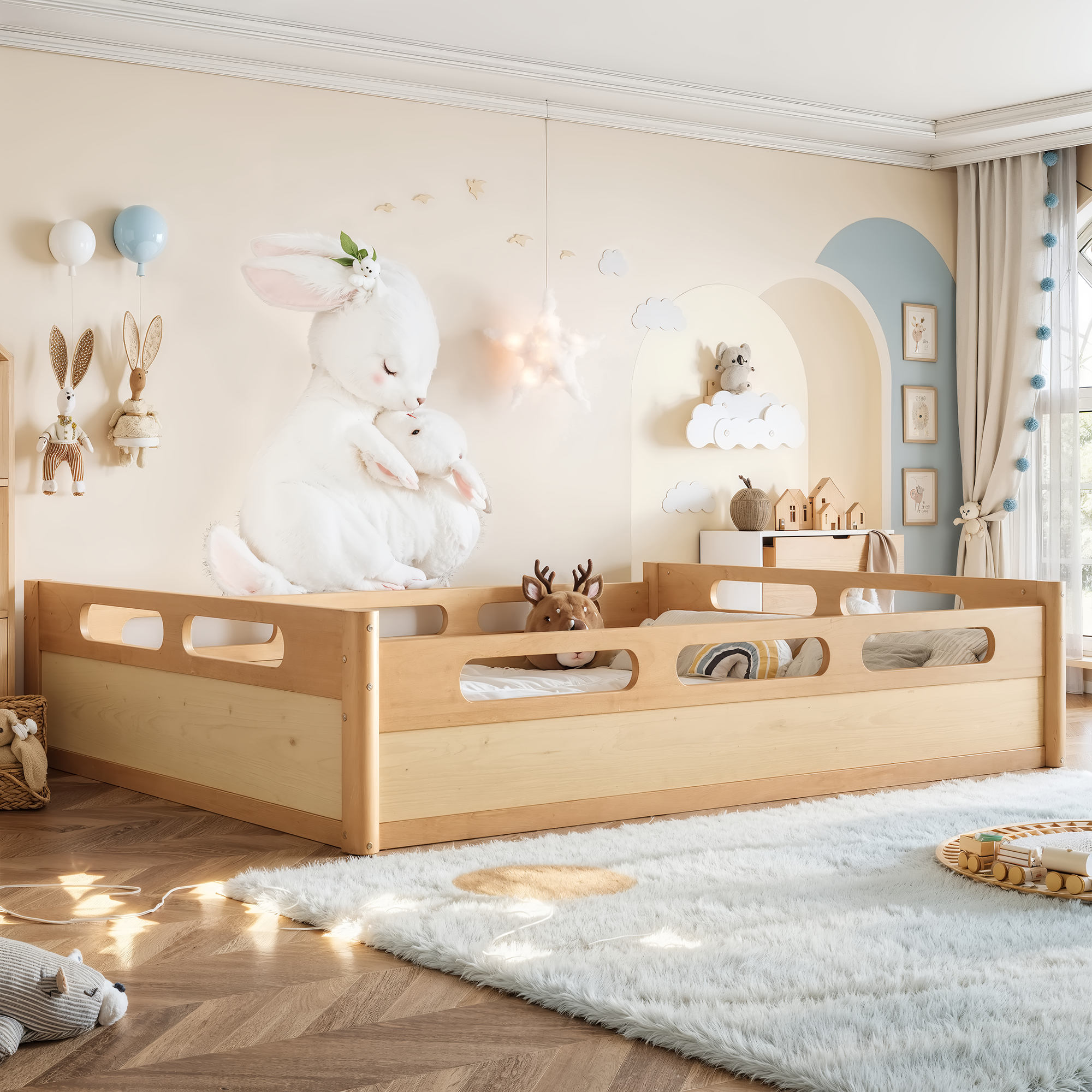 Queen Size Floor Platform Bed with Full-length Guardrails, Low Profile Queen Bed Frame, No Box Spring Needed, Natural - Image 4