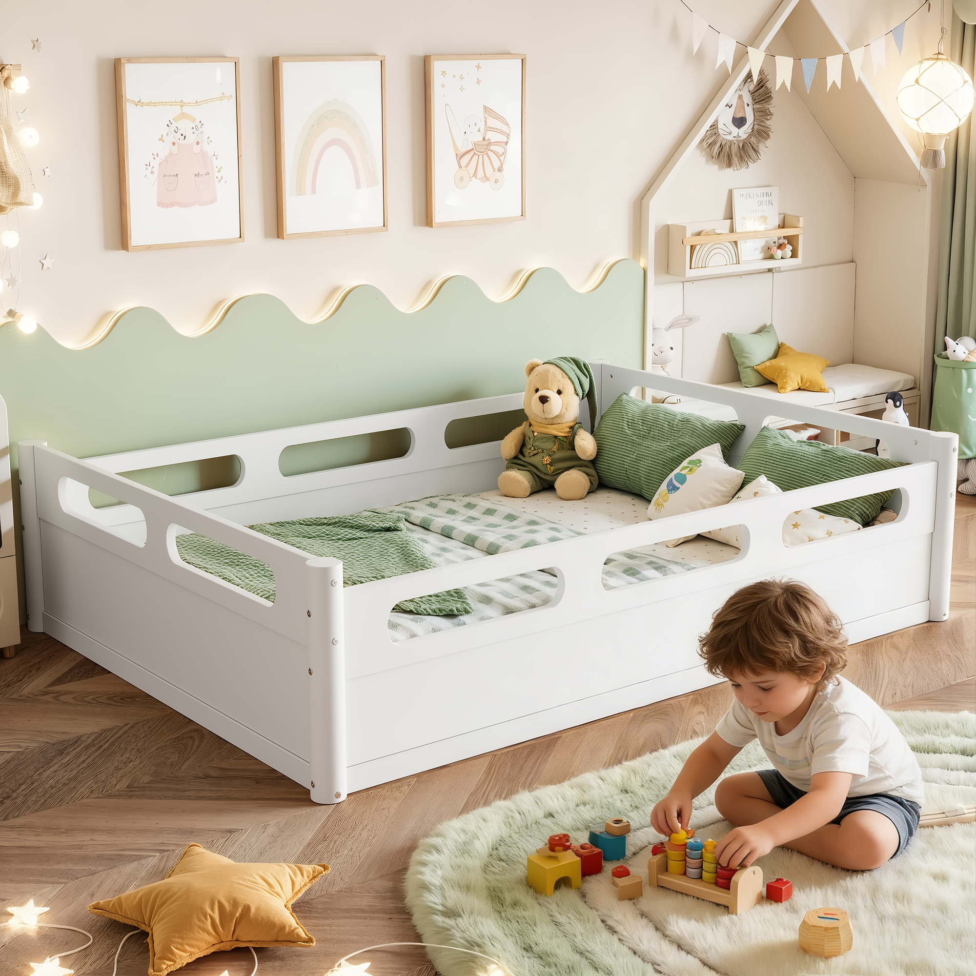 Full Size Floor Platform Bed with Full-length Guardrails, Low Profile Full Bed Frame, No Box Spring Needed, White - Image 1