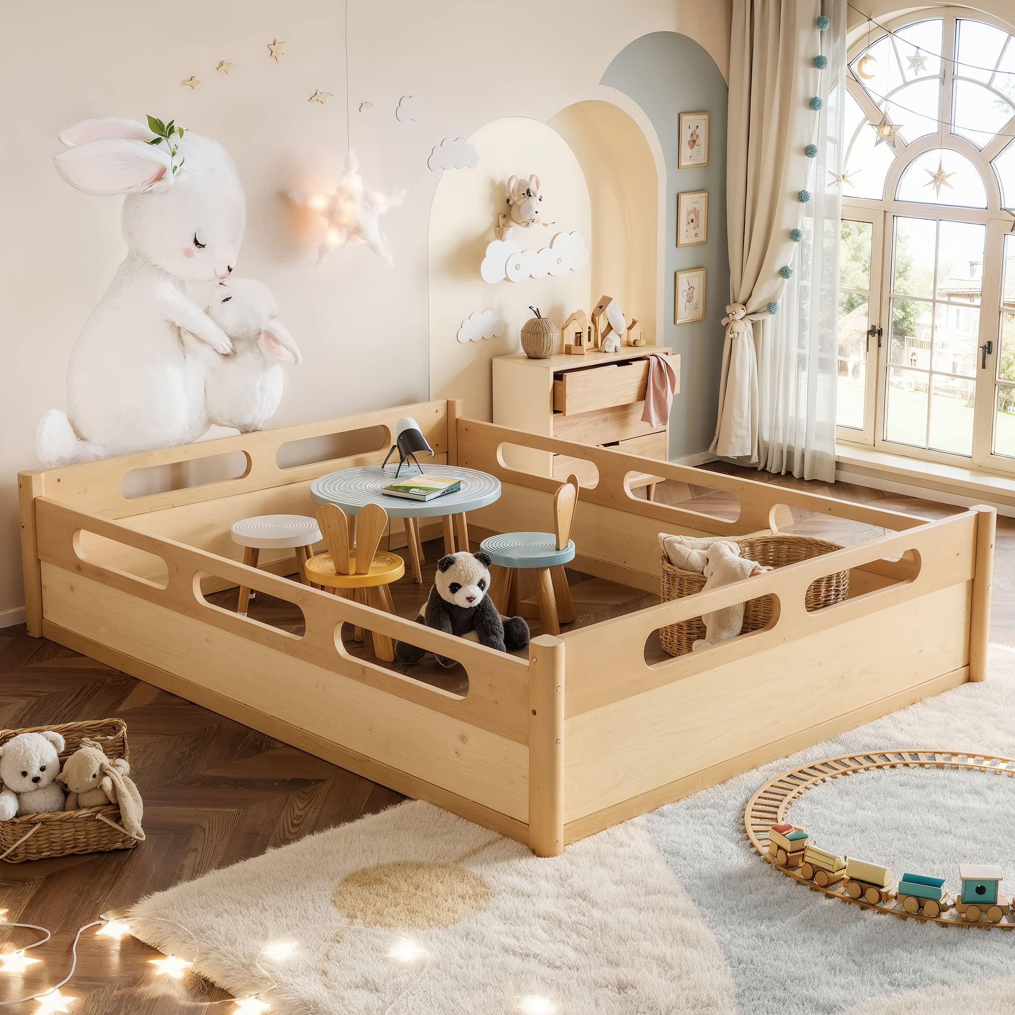 Queen Size Floor Platform Bed with Full-length Guardrails, Low Profile Queen Bed Frame, No Box Spring Needed, Natural - Image 6