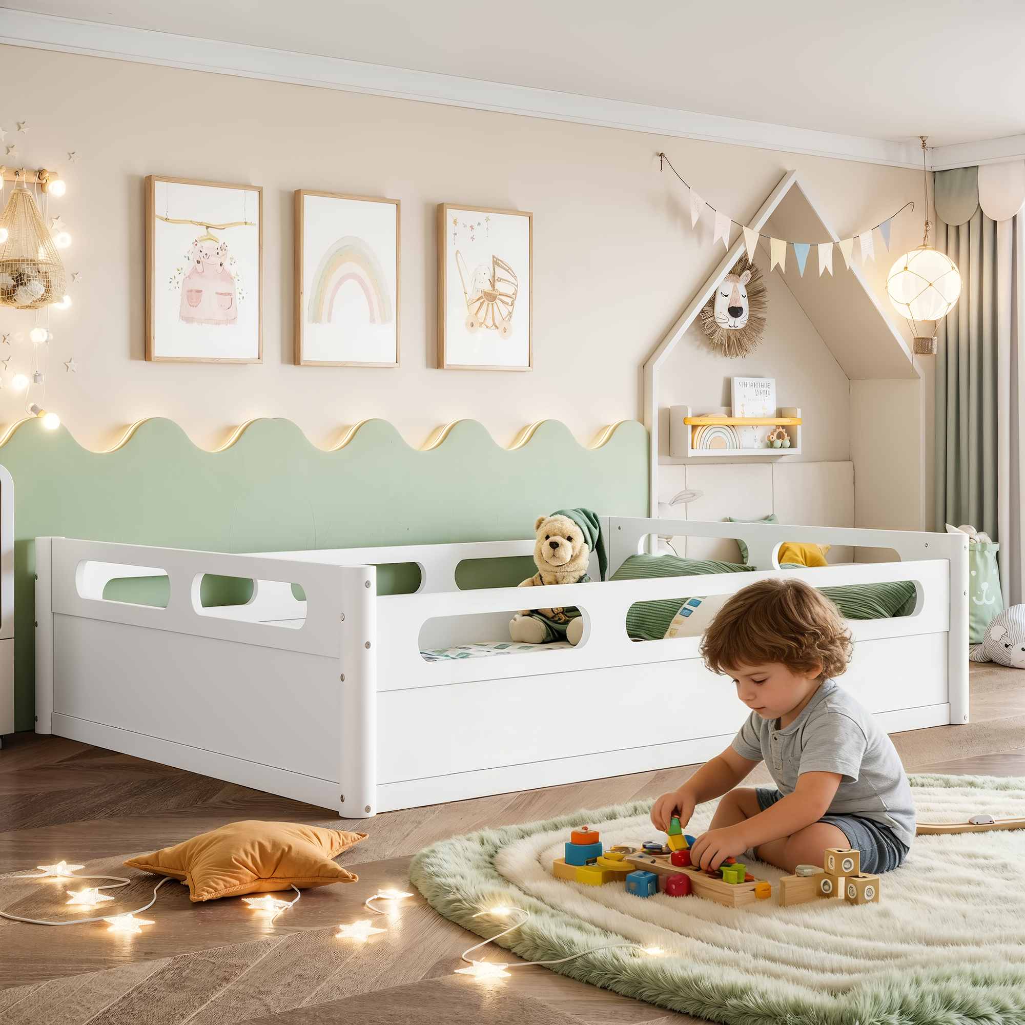 Full Size Floor Platform Bed with Full-length Guardrails, Low Profile Full Bed Frame, No Box Spring Needed, White - Image 2